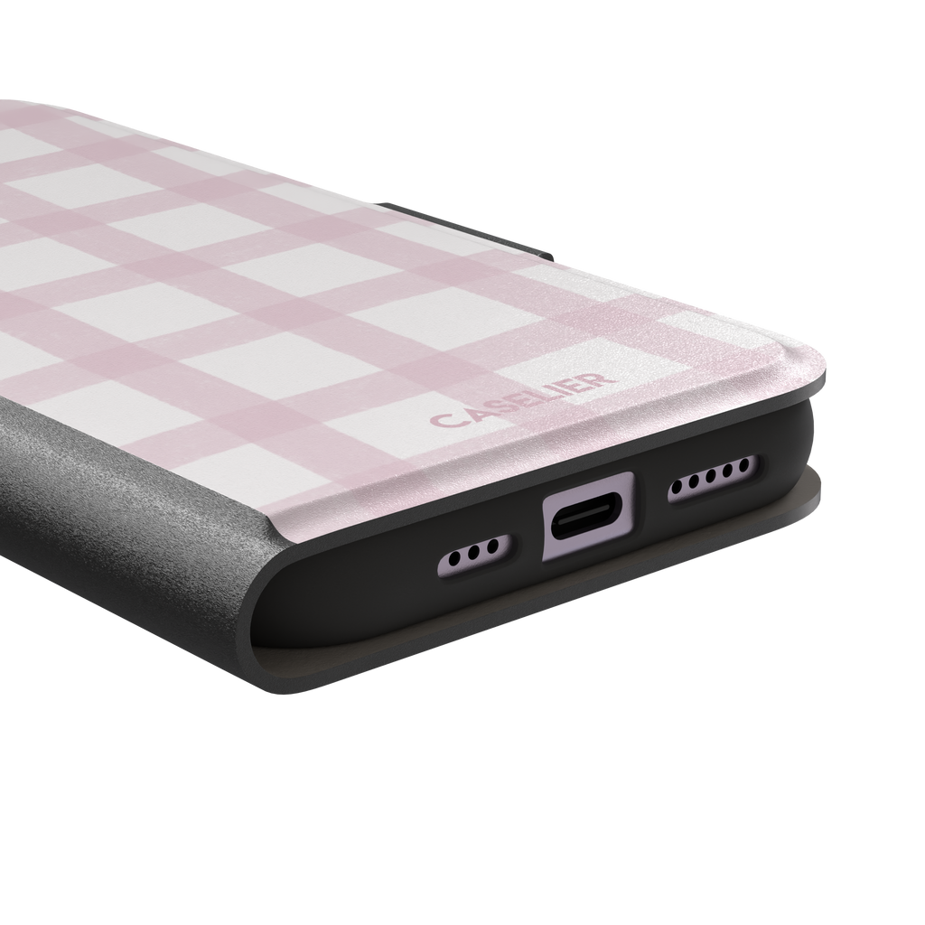 Pink Grid phone case featuring a soft blush pink gingham check pattern with hand-painted brushstroke edges on a white background, by Caselier — wallet case, charging port detail