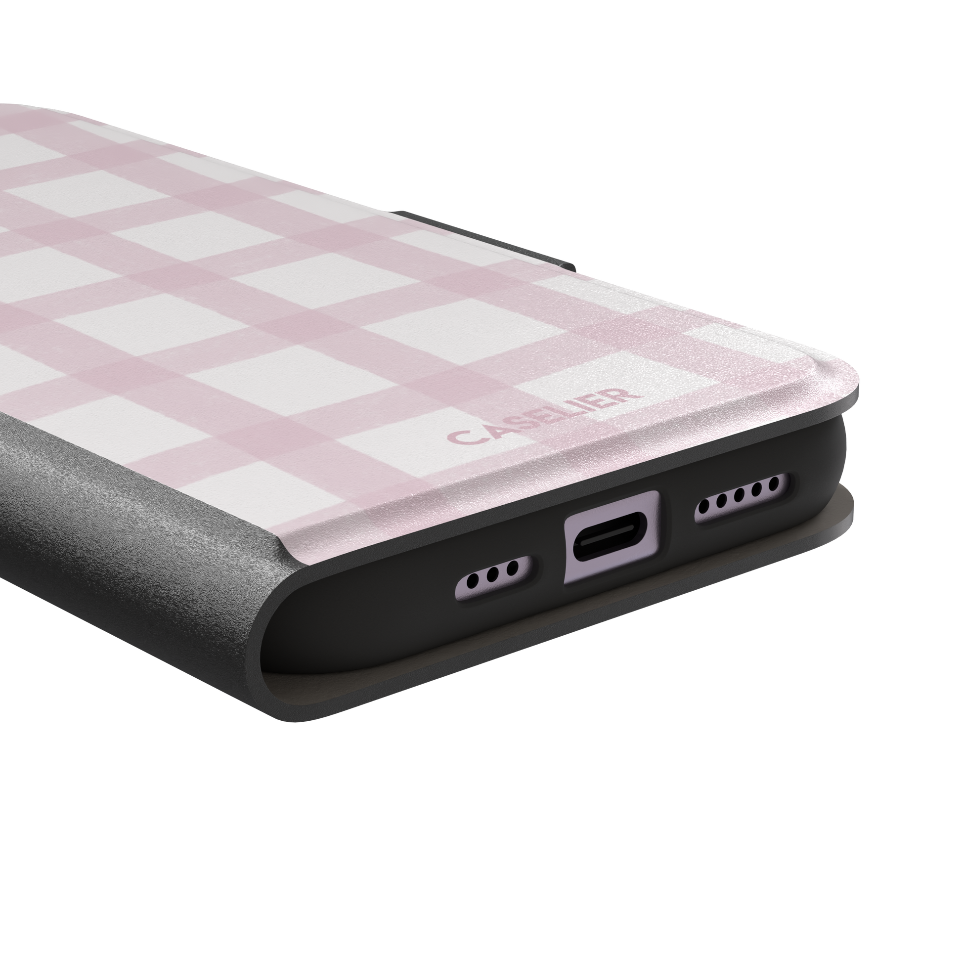 Pink Grid phone case featuring a soft blush pink gingham check pattern with hand-painted brushstroke edges on a white background, by Caselier — wallet case, charging port detail
