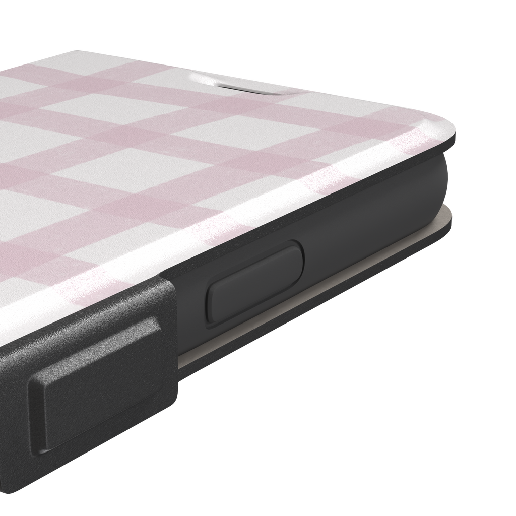 Pink Grid phone case featuring a soft blush pink gingham check pattern with hand-painted brushstroke edges on a white background, by Caselier — wallet case, volume buttons detail