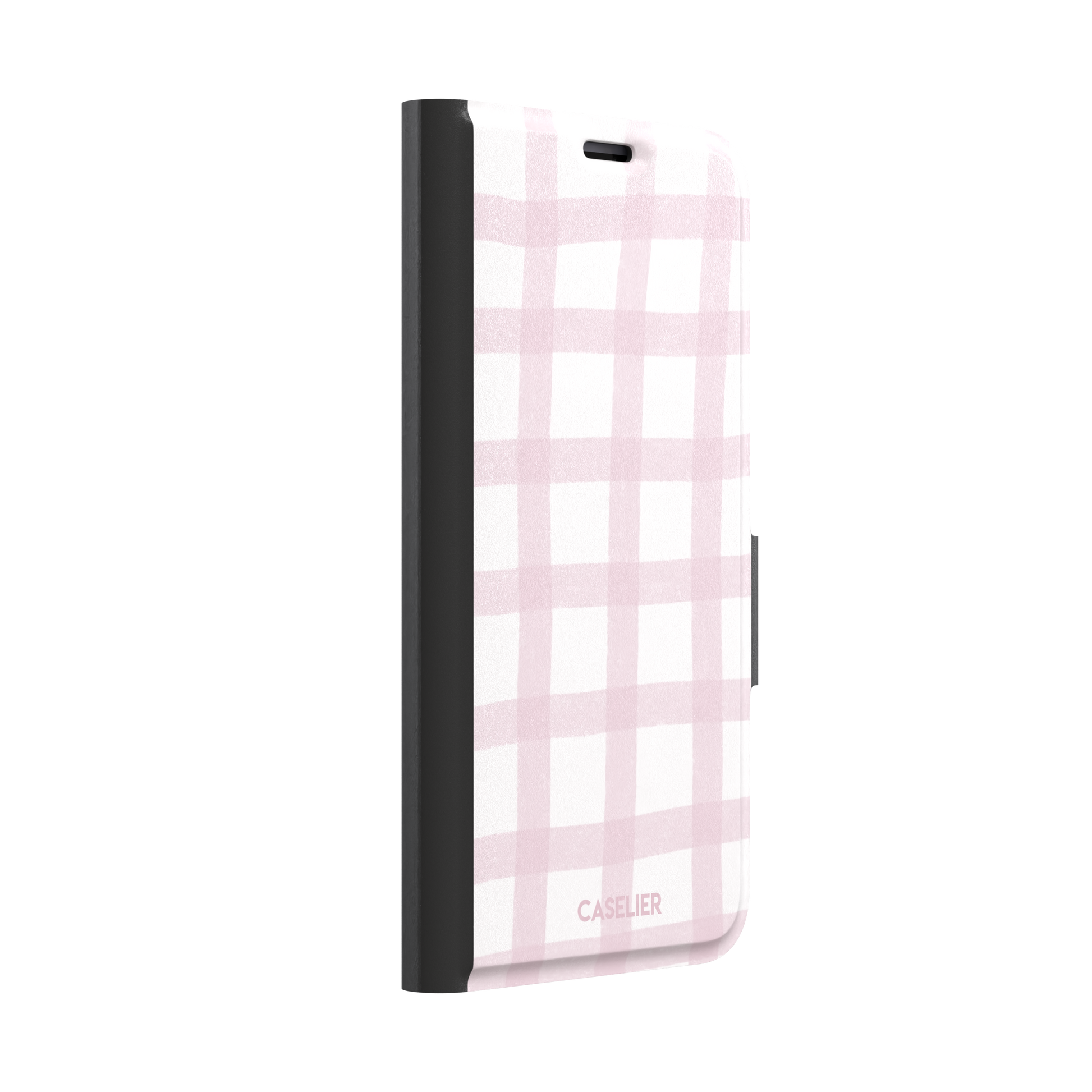 Pink Grid phone case featuring a soft blush pink gingham check pattern with hand-painted brushstroke edges on a white background, by Caselier — wallet case, left view