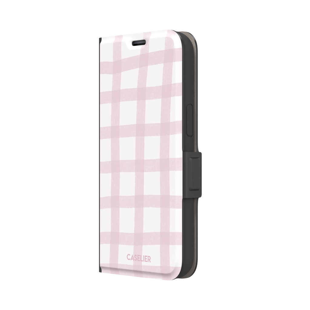 Pink Grid phone case featuring a soft blush pink gingham check pattern with hand-painted brushstroke edges on a white background, by Caselier — wallet case, right view