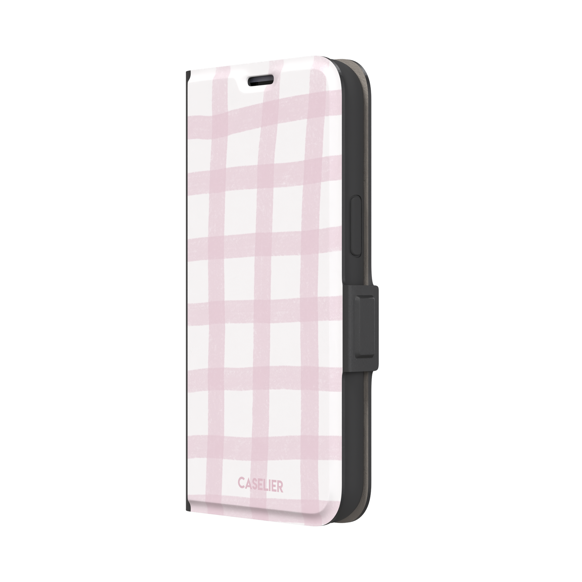 Pink Grid phone case featuring a soft blush pink gingham check pattern with hand-painted brushstroke edges on a white background, by Caselier — wallet case, right view