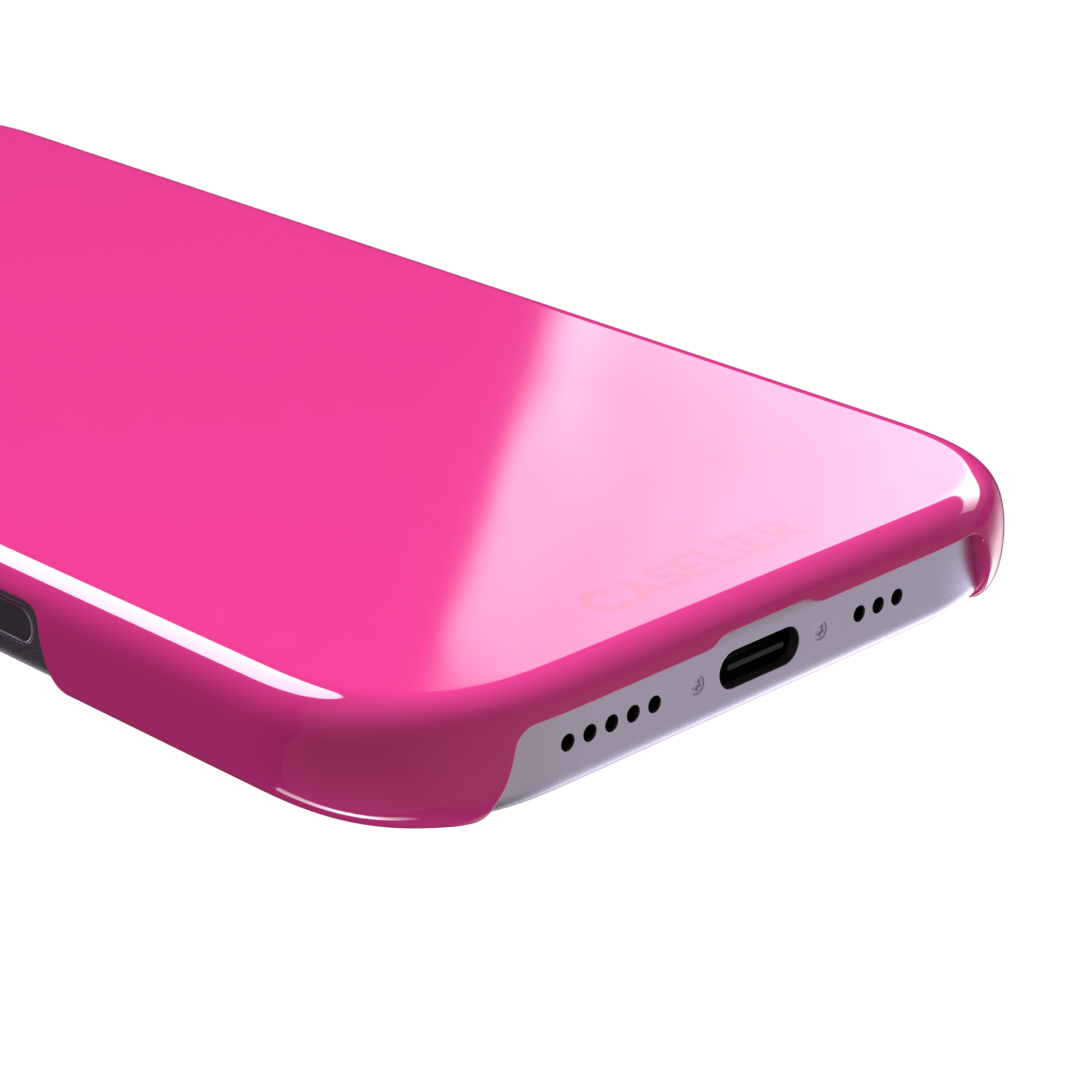 Solid hot pink matte phone case, vivid magenta-pink shade variant, phone case by Caselier — snap case, charging port detail