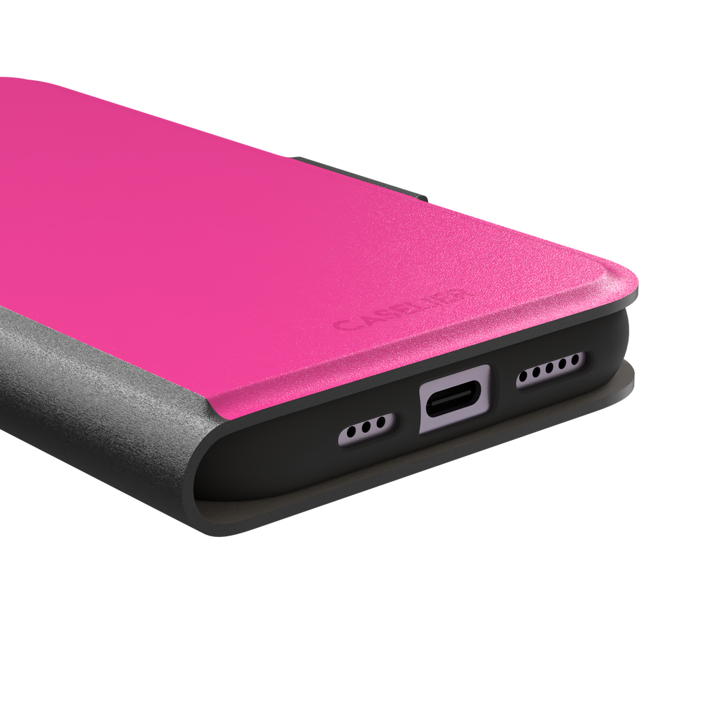 Solid hot pink matte phone case, vivid magenta-pink shade variant, phone case by Caselier — wallet case, charging port detail