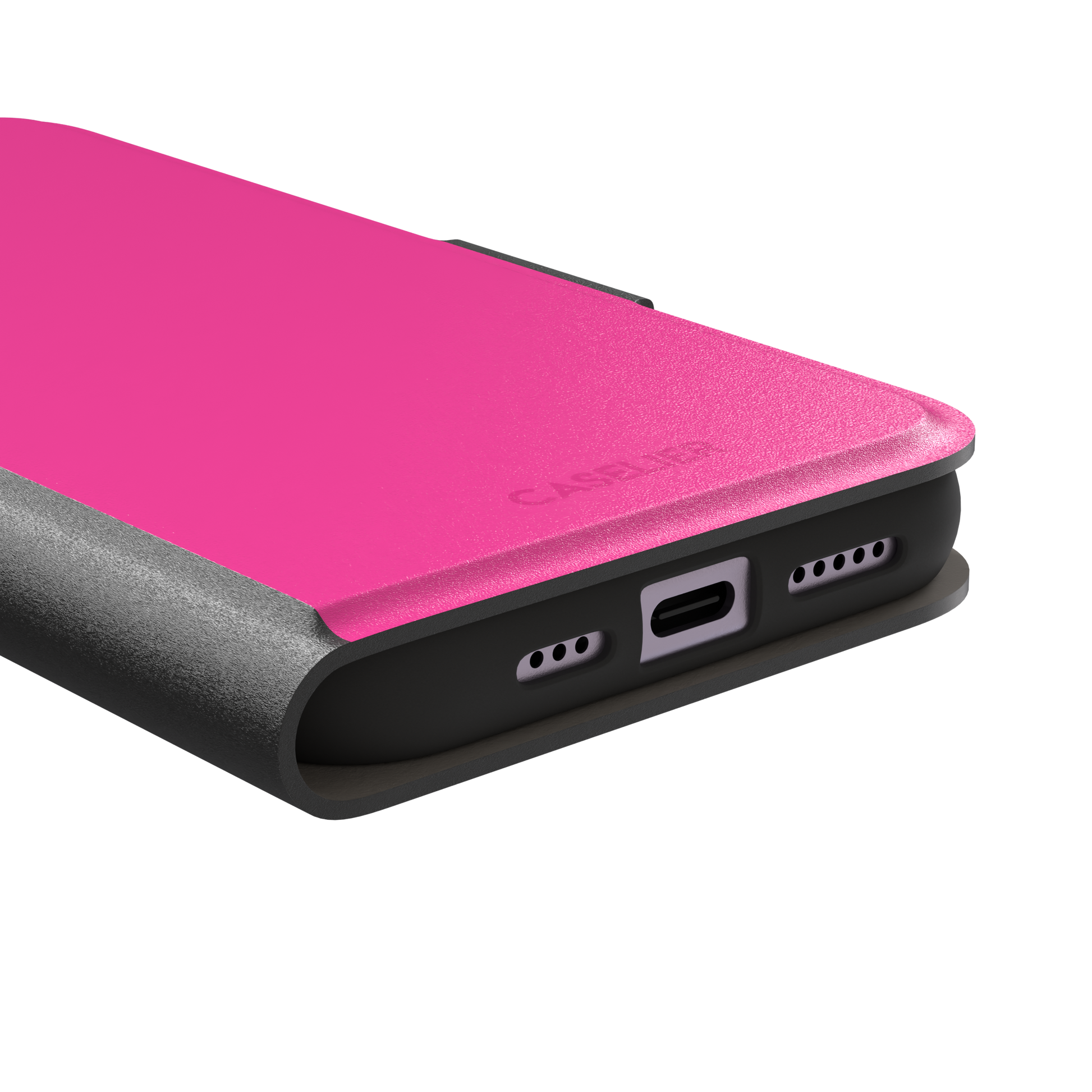 Solid hot pink matte phone case, vivid magenta-pink shade variant, phone case by Caselier — wallet case, charging port detail