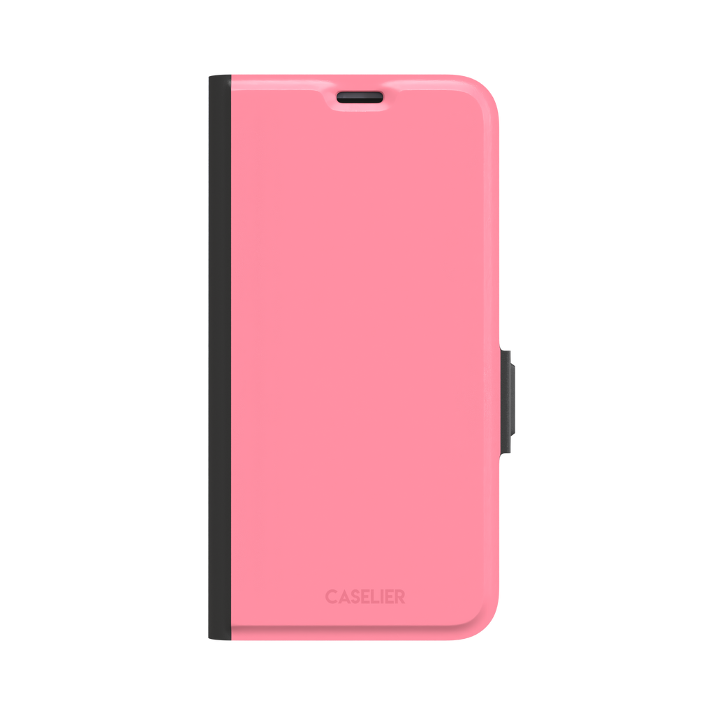 Solid coral-pink matte phone case, slightly deeper pink shade variant, phone case by Caselier — wallet case, front view