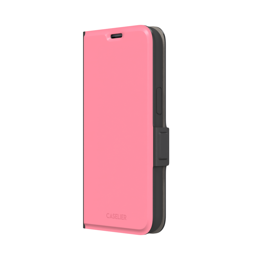 Solid coral-pink matte phone case, slightly deeper pink shade variant, phone case by Caselier — wallet case, right view