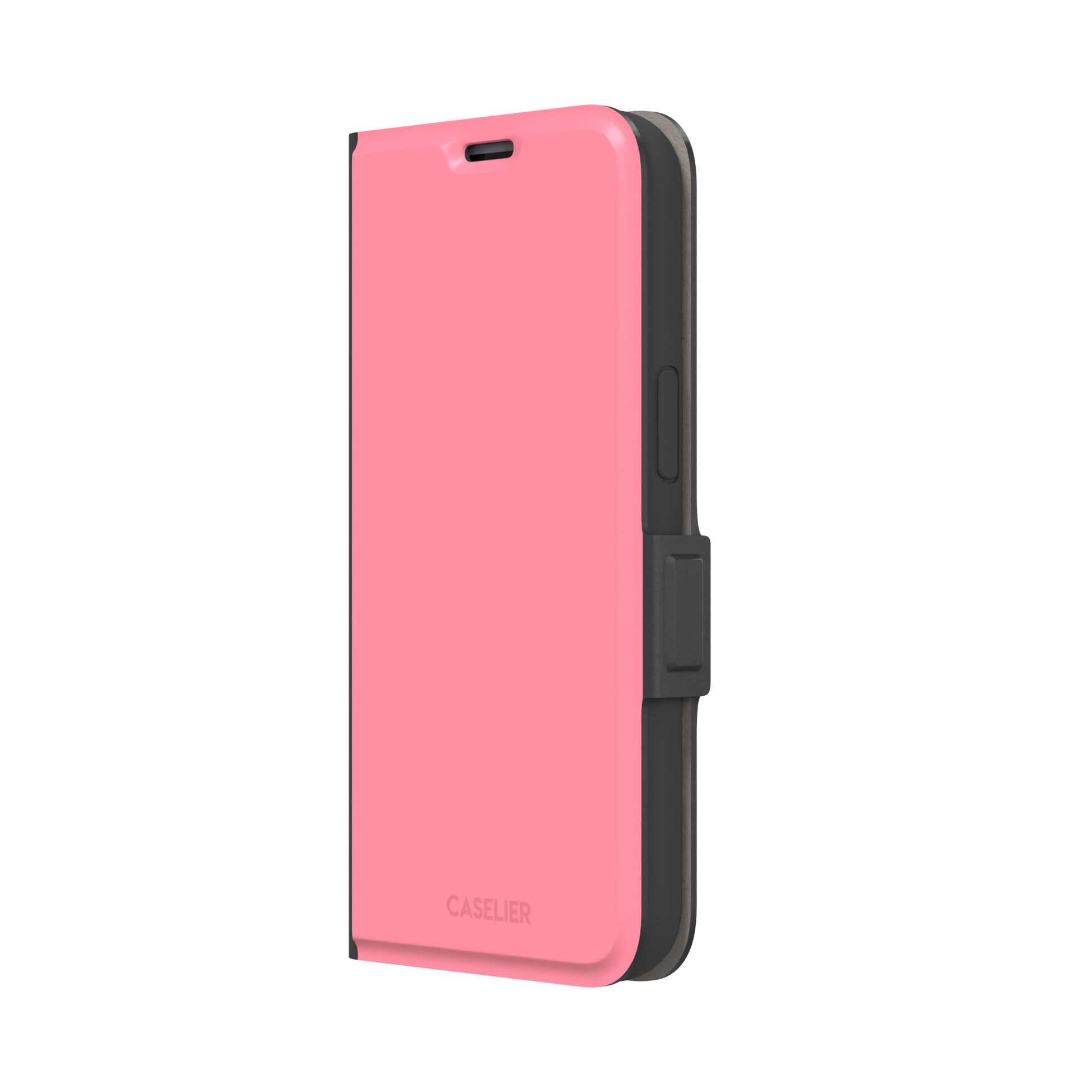 Solid coral-pink matte phone case, slightly deeper pink shade variant, phone case by Caselier — wallet case, right view
