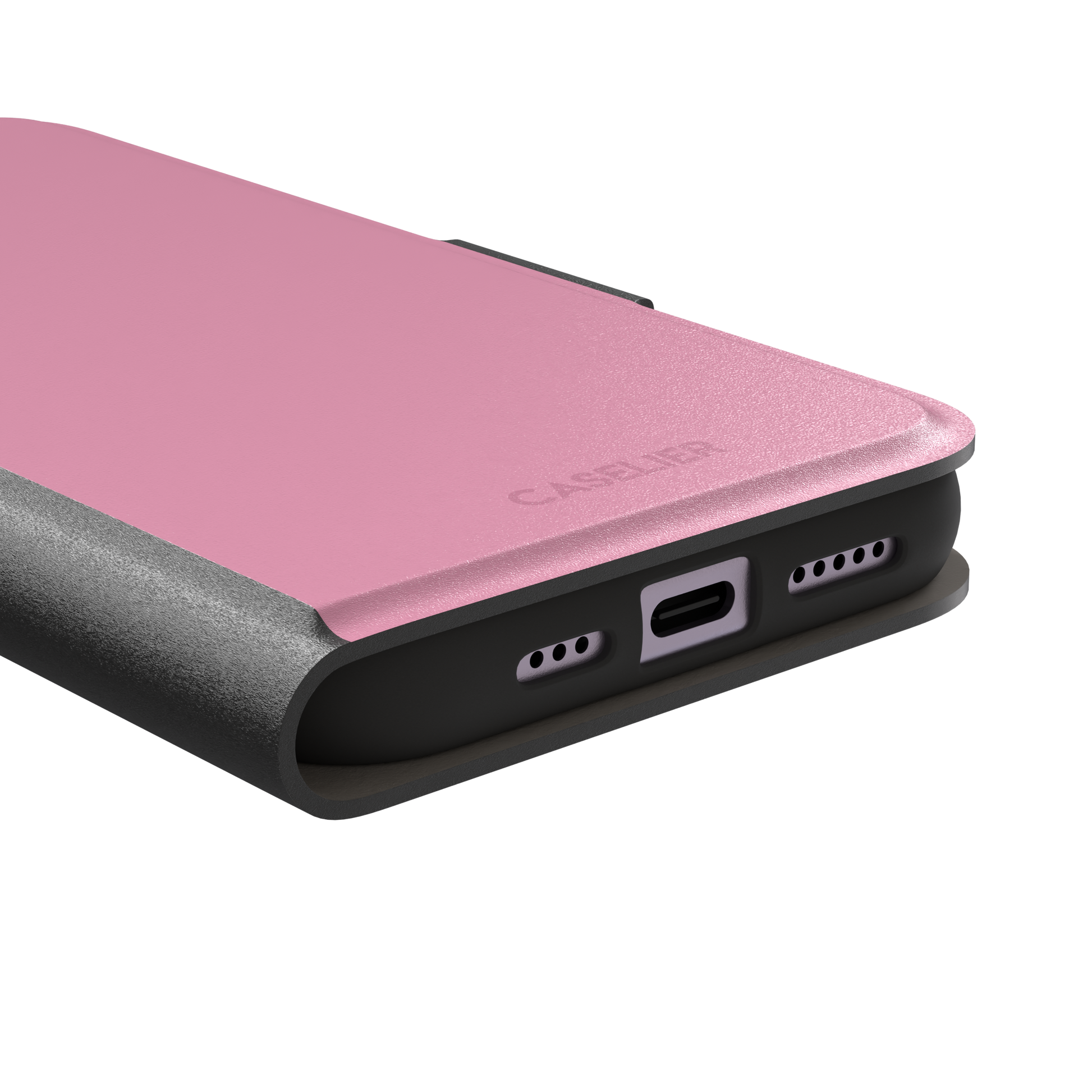 Solid soft pink matte phone case, additional front view, phone case by Caselier — wallet case, charging port detail