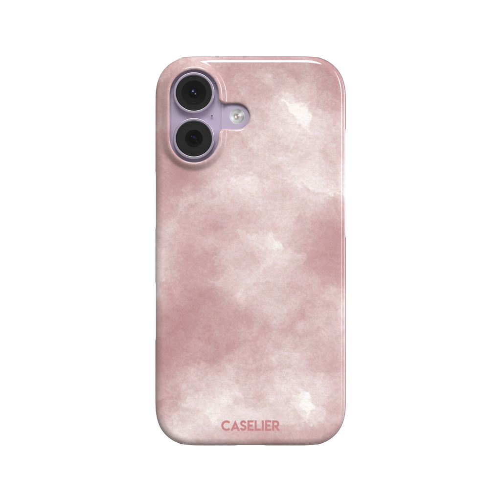 Pink soft rose watercolor phone case with hazy white cloud diffusions on blush background, phone case by Caselier — snap case, front view