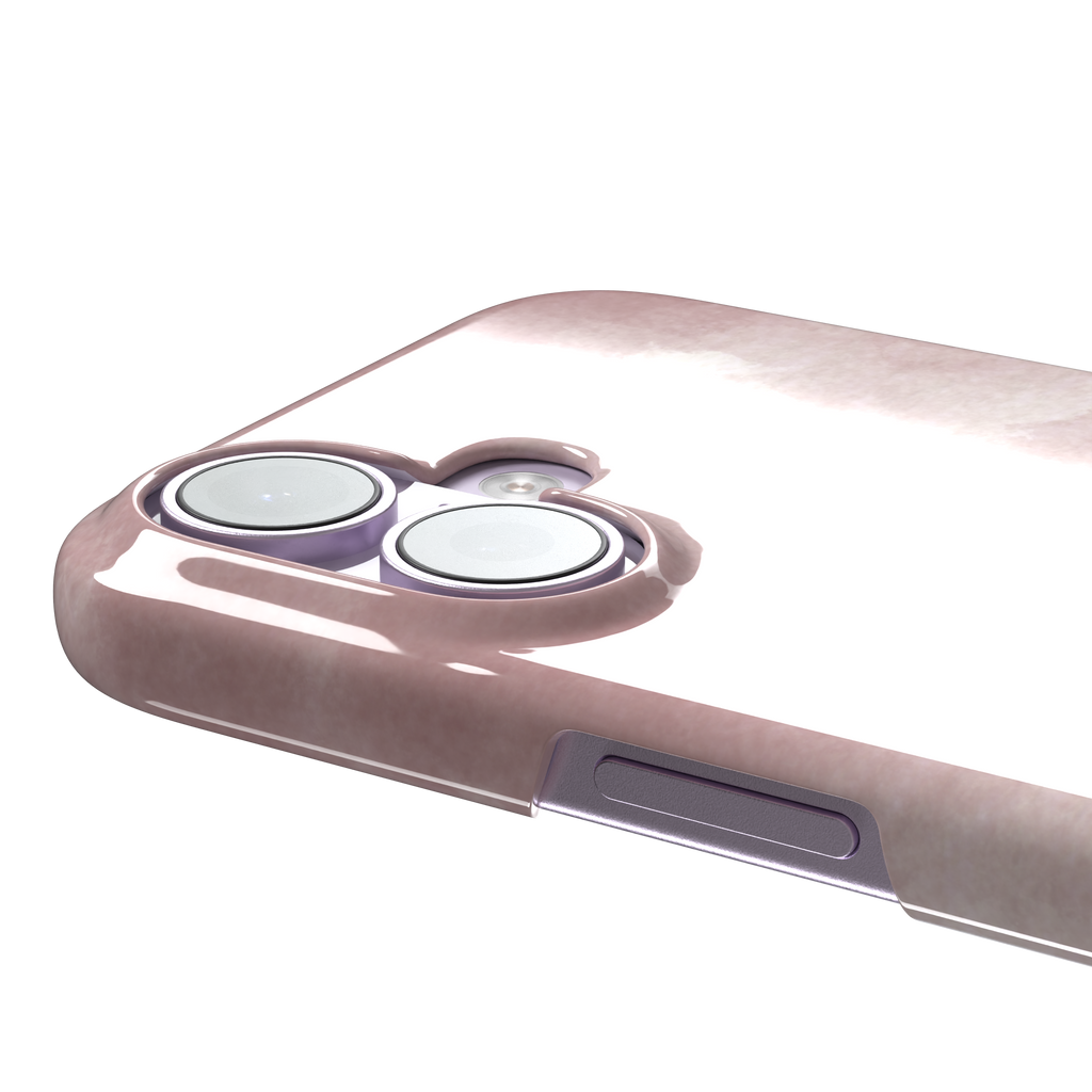 Pink soft rose watercolor phone case with hazy white cloud diffusions on blush background, phone case by Caselier — snap case, volume buttons detail