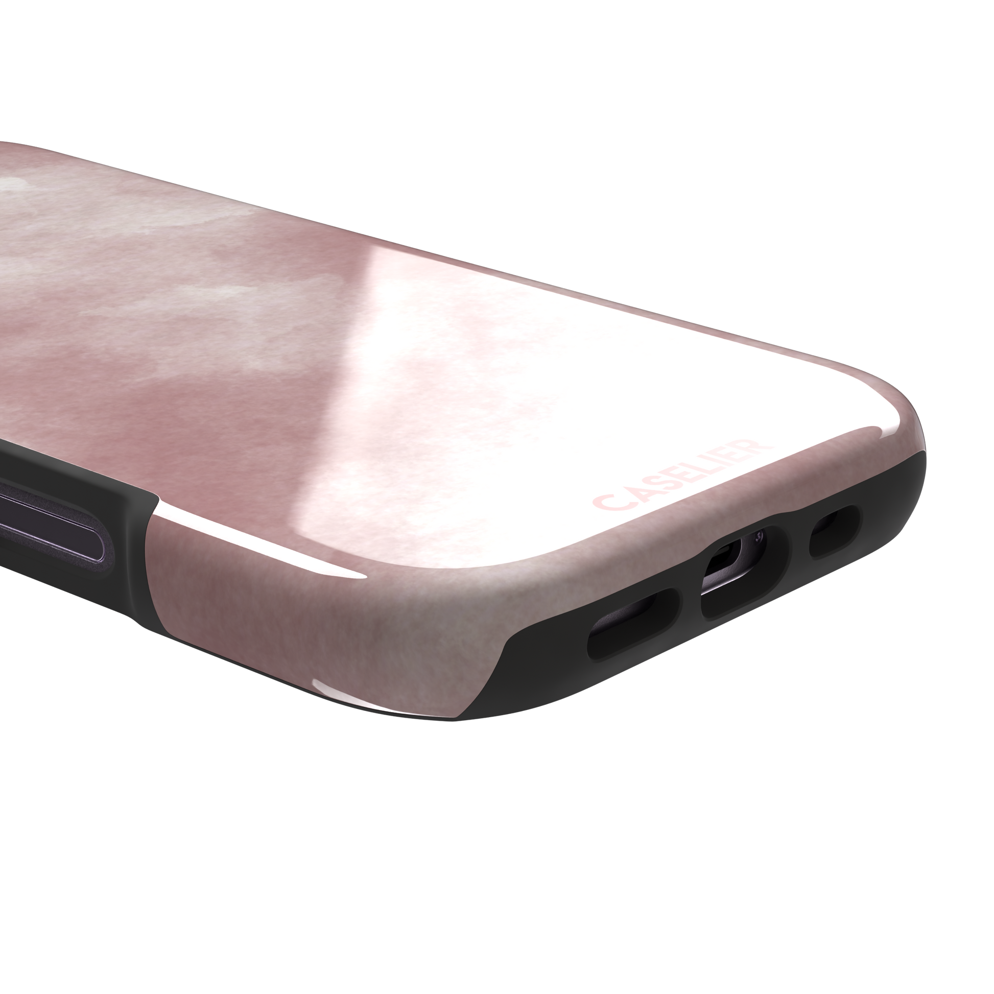 Pink soft rose watercolor phone case with hazy white cloud diffusions on blush background, phone case by Caselier — tough case, charging port detail