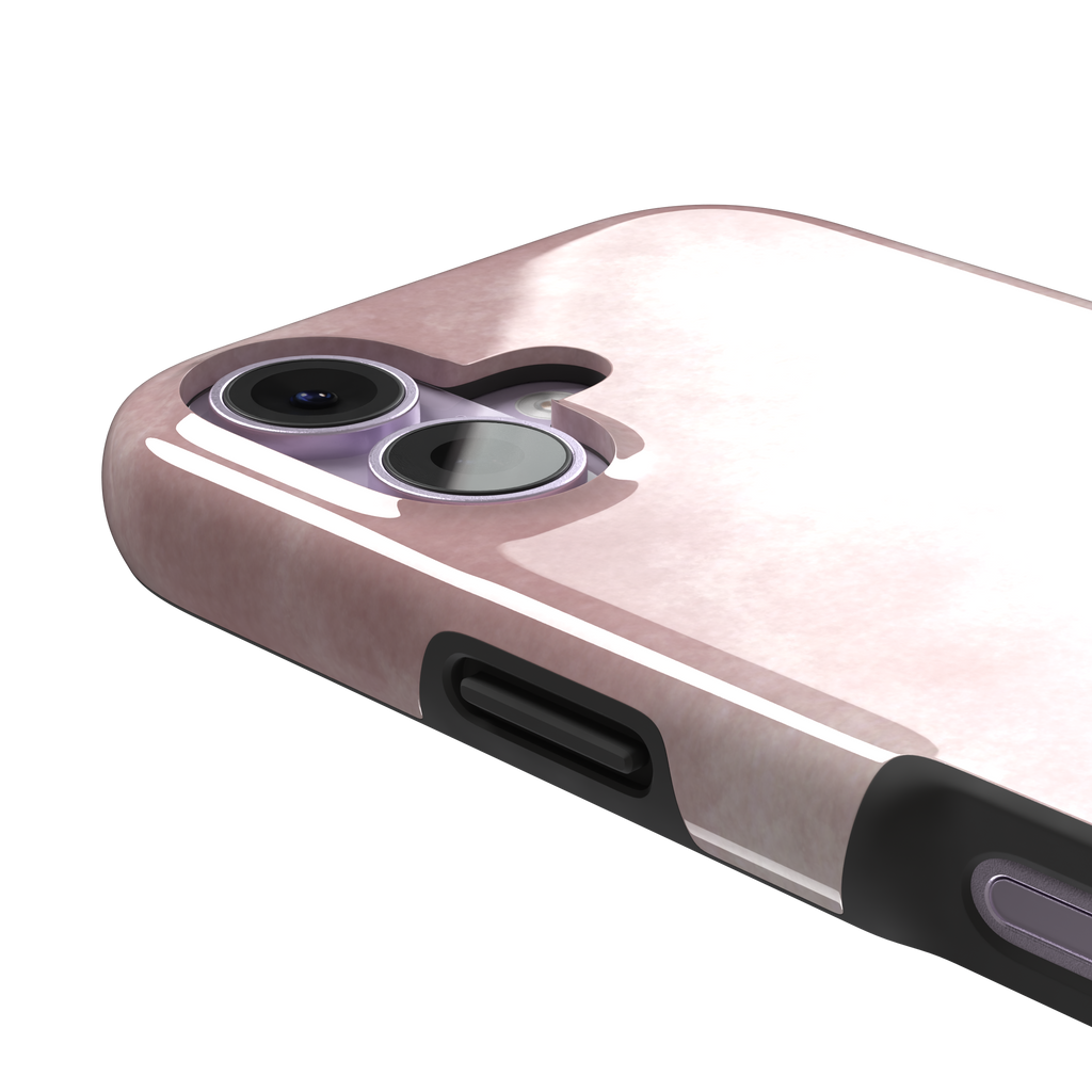 Pink soft rose watercolor phone case with hazy white cloud diffusions on blush background, phone case by Caselier — tough case, volume buttons detail