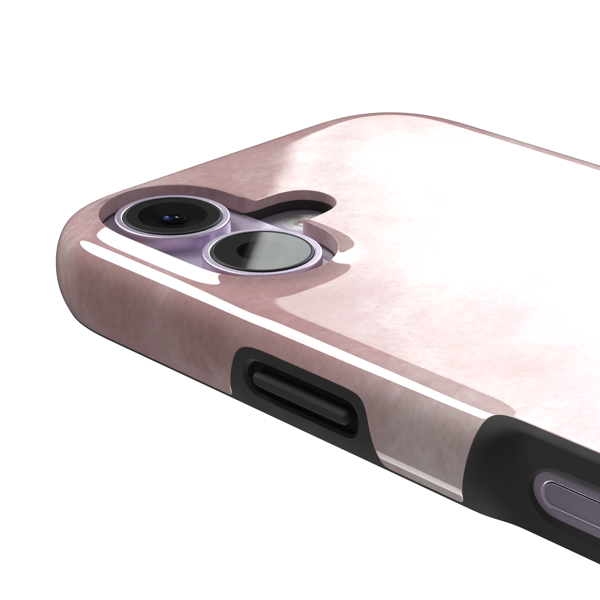 Pink soft rose watercolor phone case with hazy white cloud diffusions on blush background, phone case by Caselier — tough case, volume buttons detail