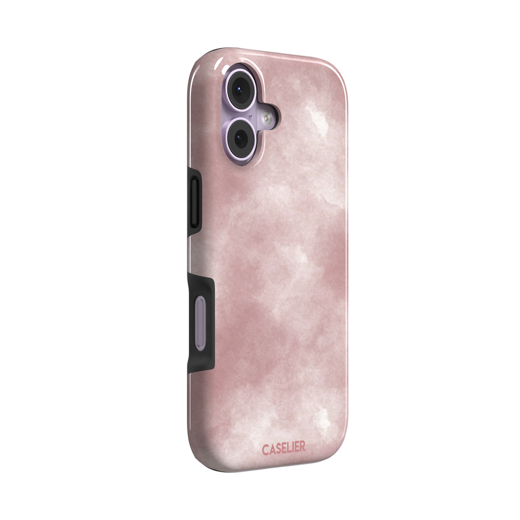 Pink soft rose watercolor phone case with hazy white cloud diffusions on blush background, phone case by Caselier — tough case, left view