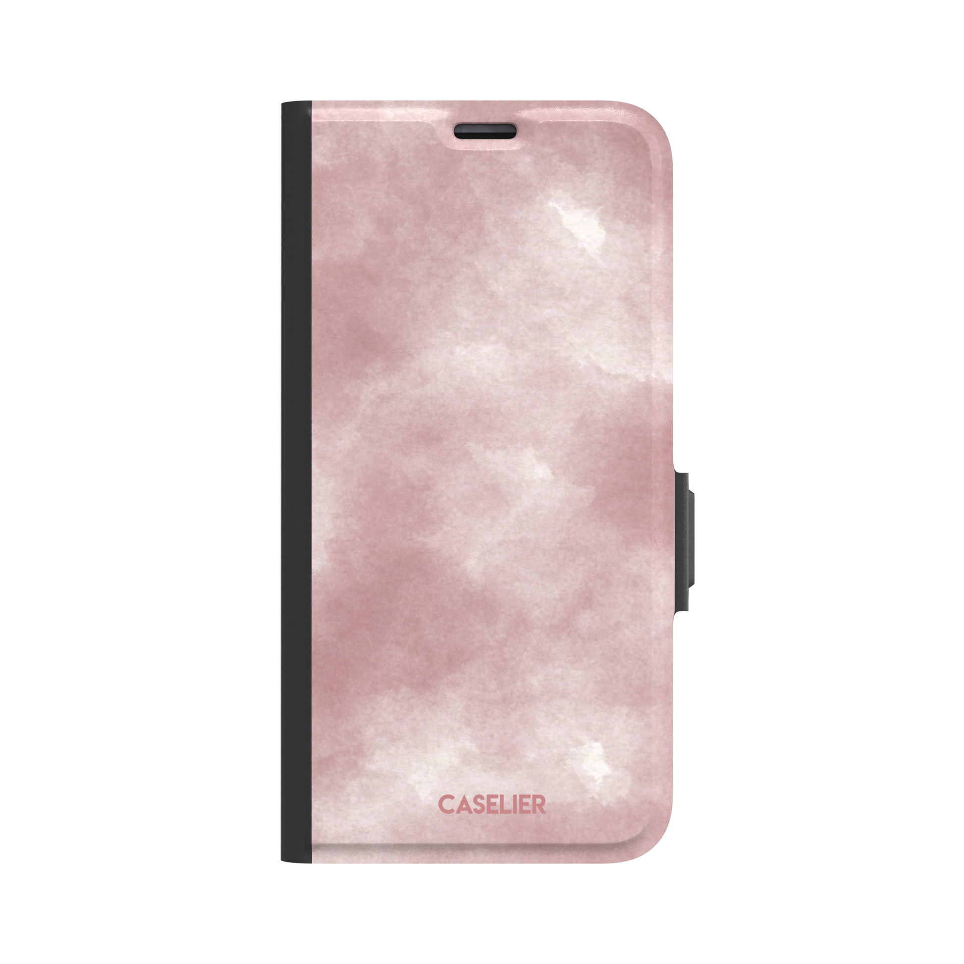 Pink soft rose watercolor phone case with hazy white cloud diffusions on blush background, phone case by Caselier — wallet case, front view