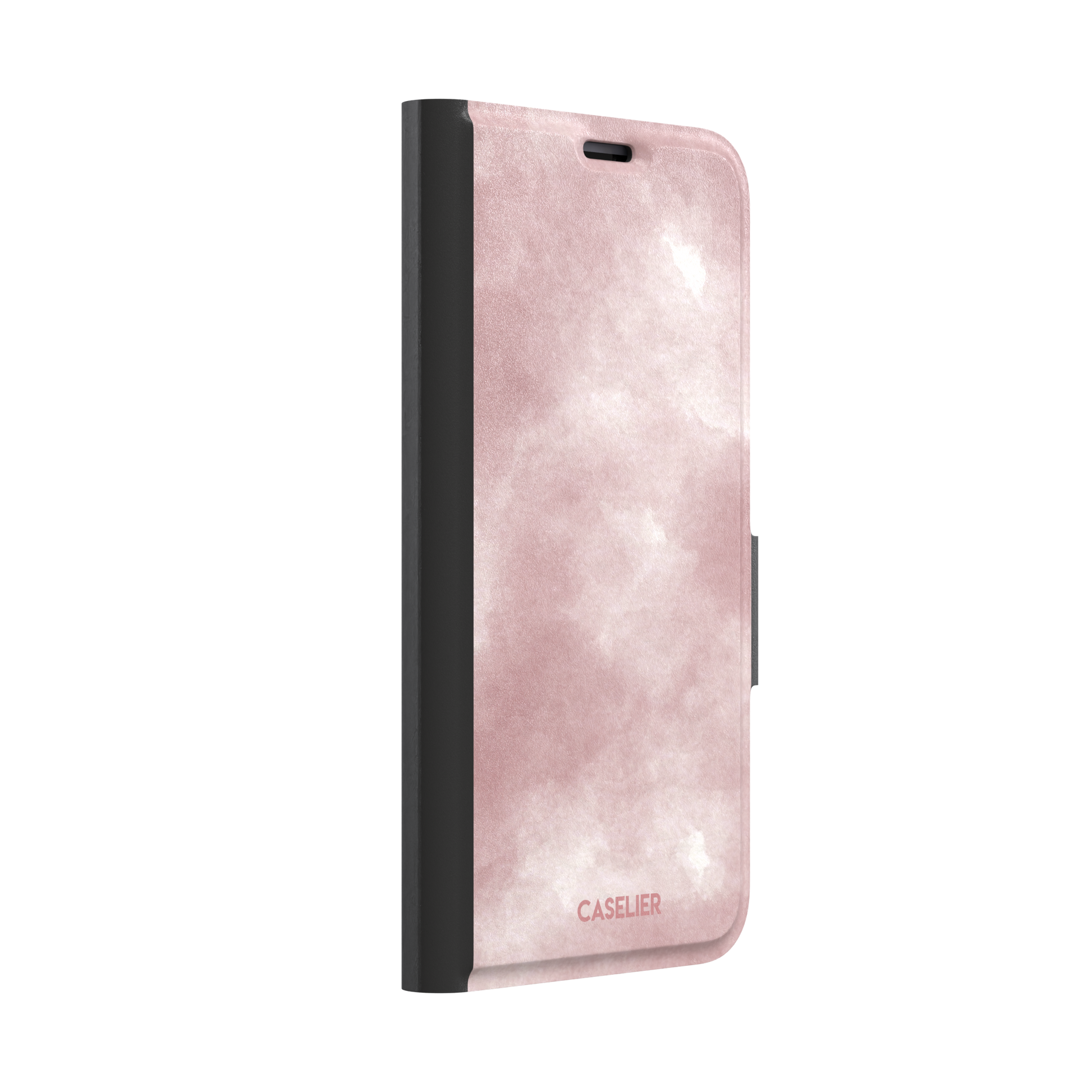 Pink soft rose watercolor phone case with hazy white cloud diffusions on blush background, phone case by Caselier — wallet case, left view
