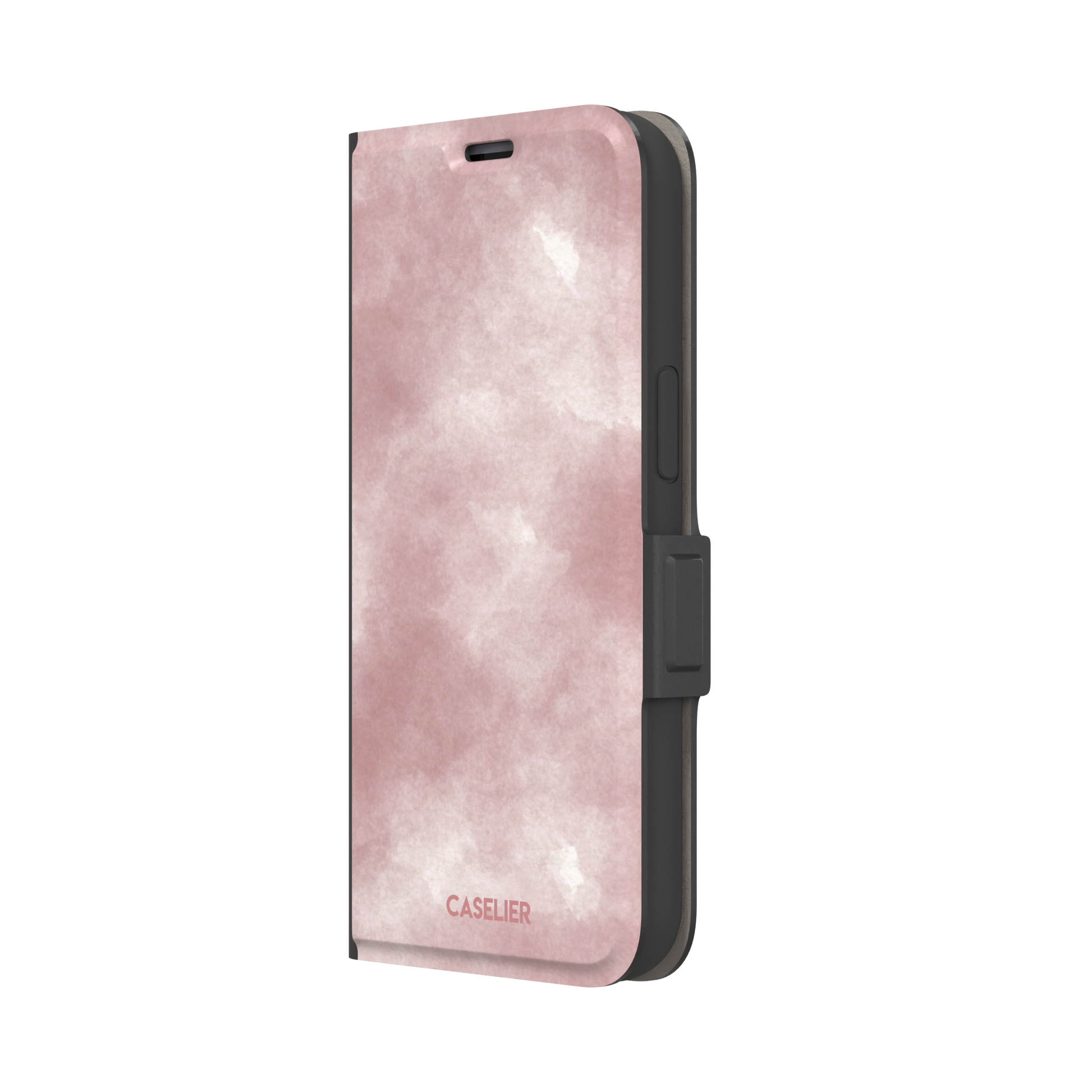 Pink soft rose watercolor phone case with hazy white cloud diffusions on blush background, phone case by Caselier — wallet case, right view