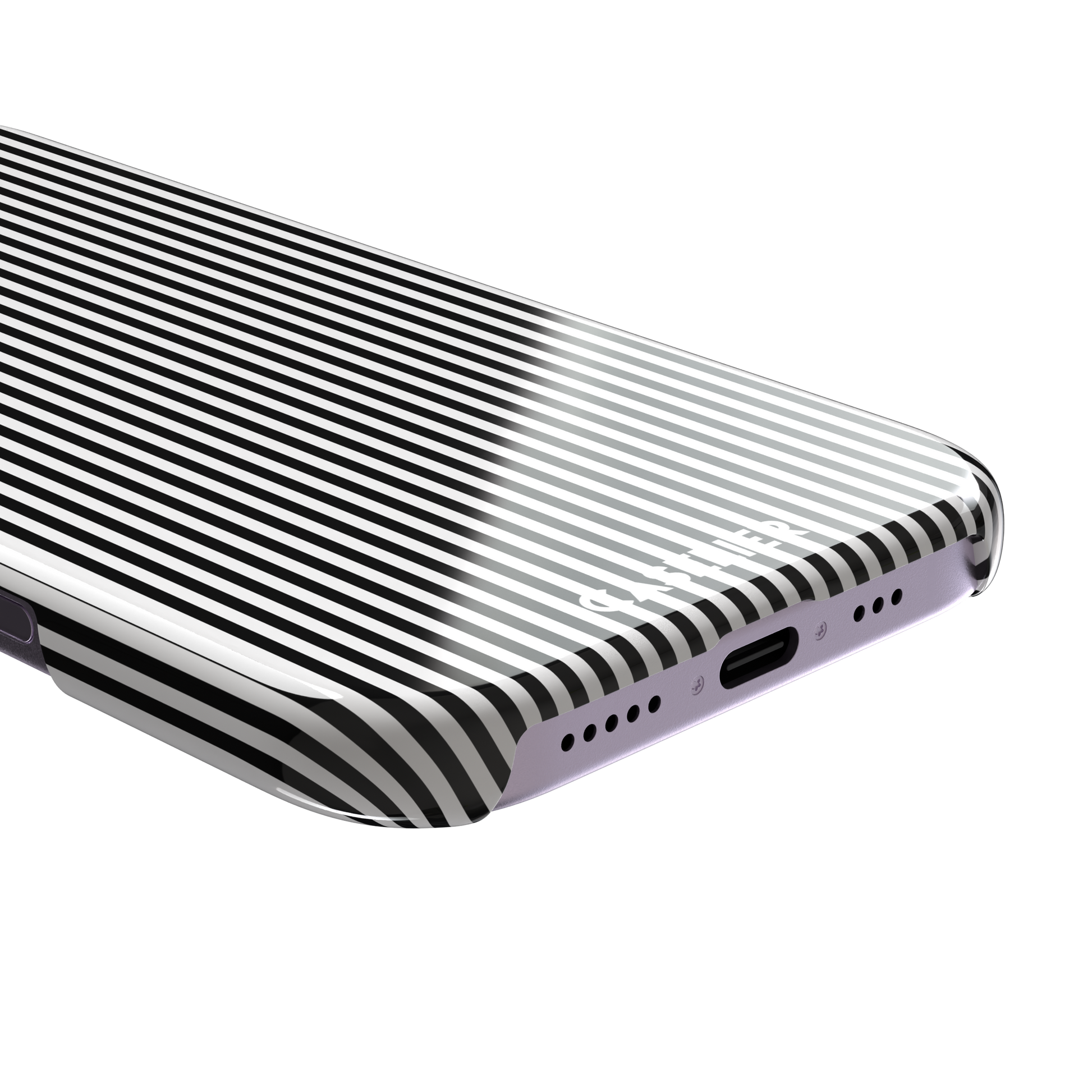 Pinstripe phone case in black and white vertical stripes, phone case by Caselier — snap case, charging port detail | Caselier