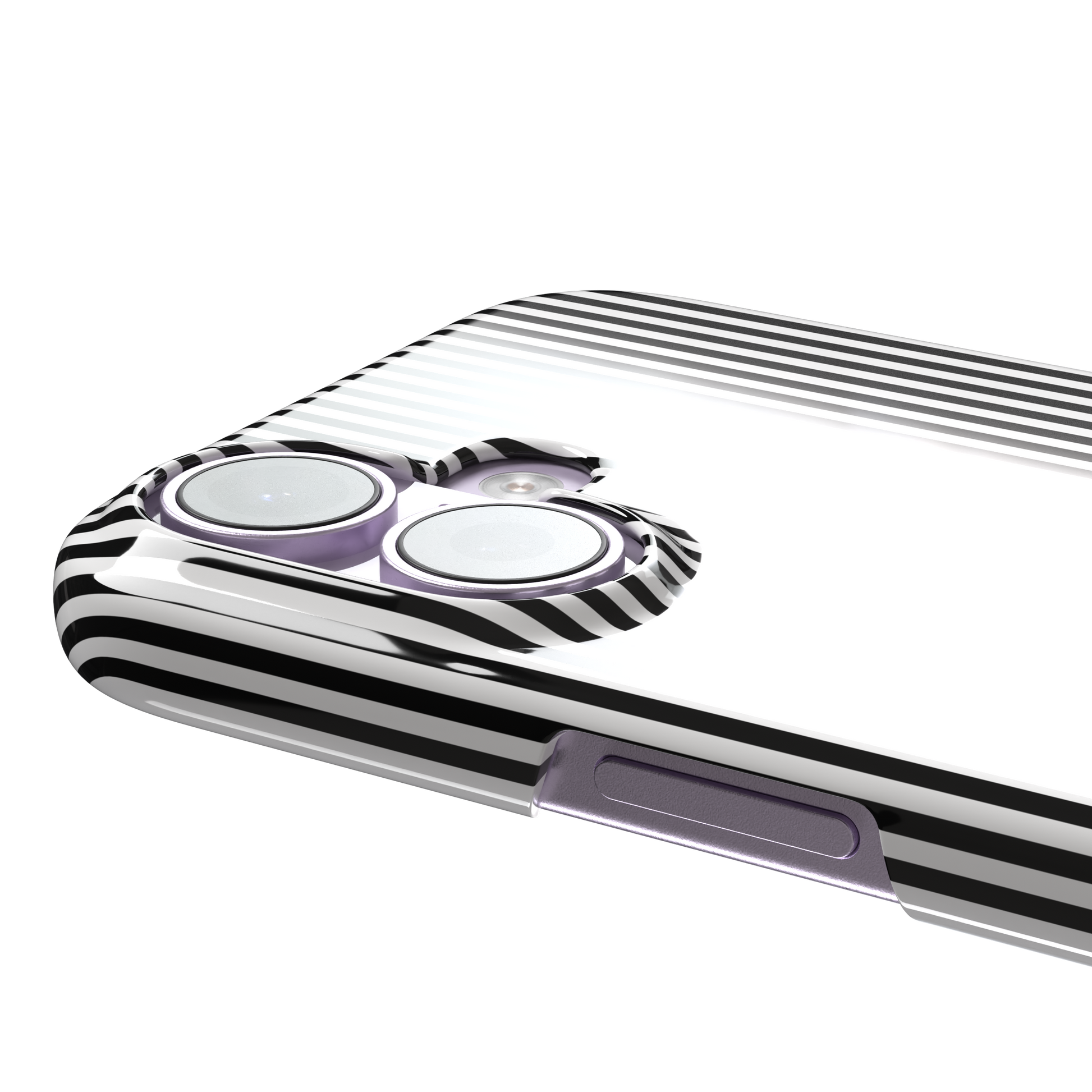 Pinstripe phone case in black and white vertical stripes, phone case by Caselier — snap case, volume buttons detail | Caselier