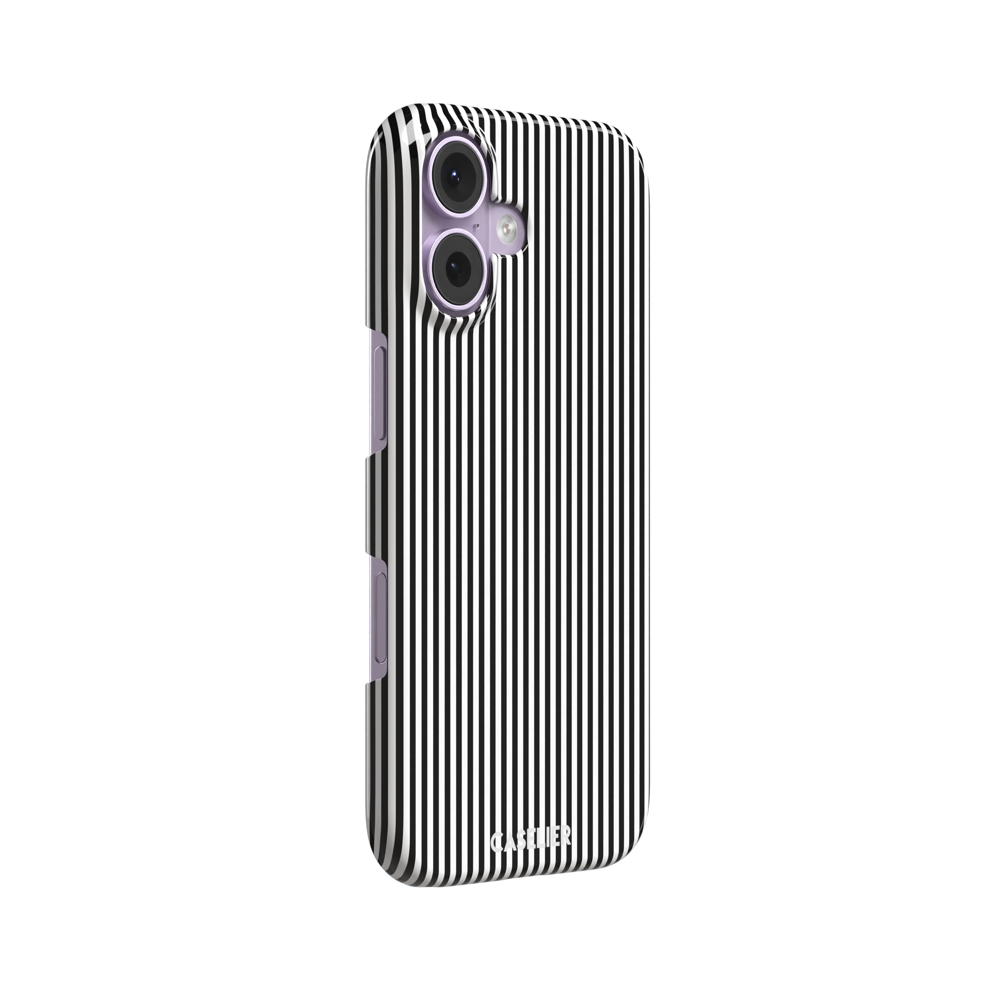 Pinstripe phone case in black and white vertical stripes, phone case by Caselier — snap case, left view | Caselier