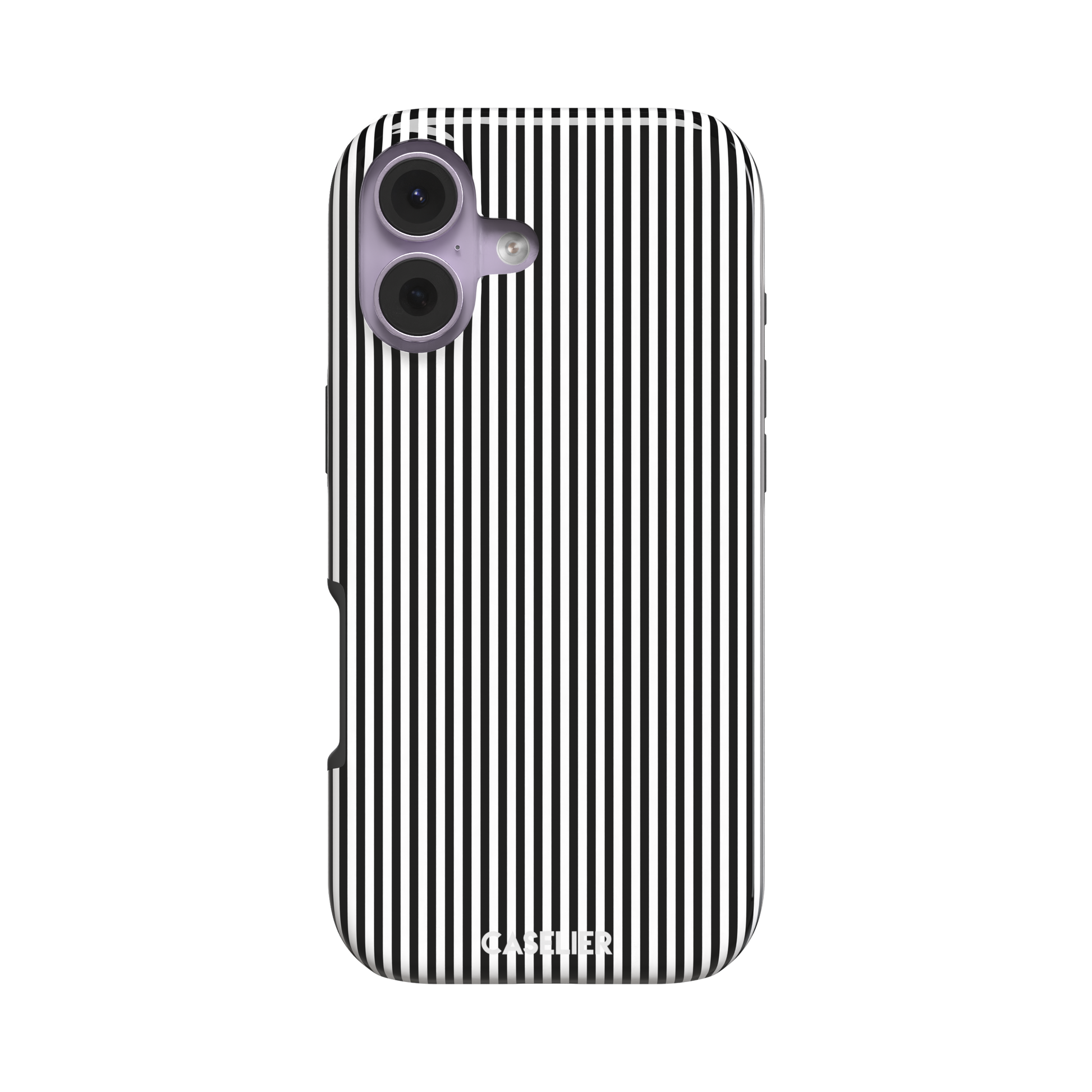 Pinstripe phone case in black and white vertical stripes, phone case by Caselier — tough case, front view | Caselier