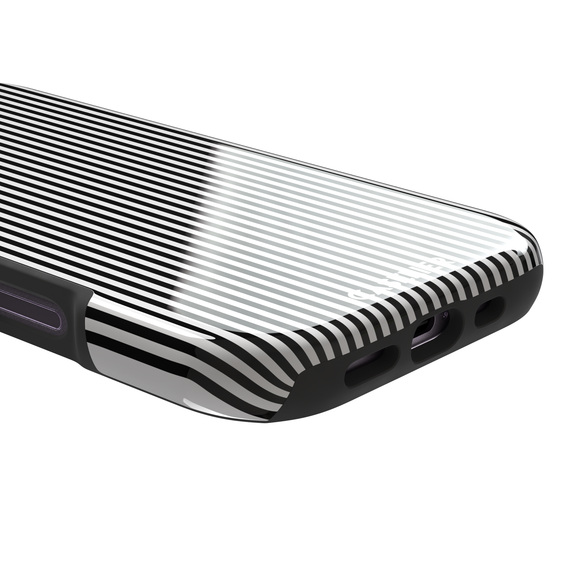 Pinstripe phone case in black and white vertical stripes, phone case by Caselier — tough case, charging port detail | Caselier