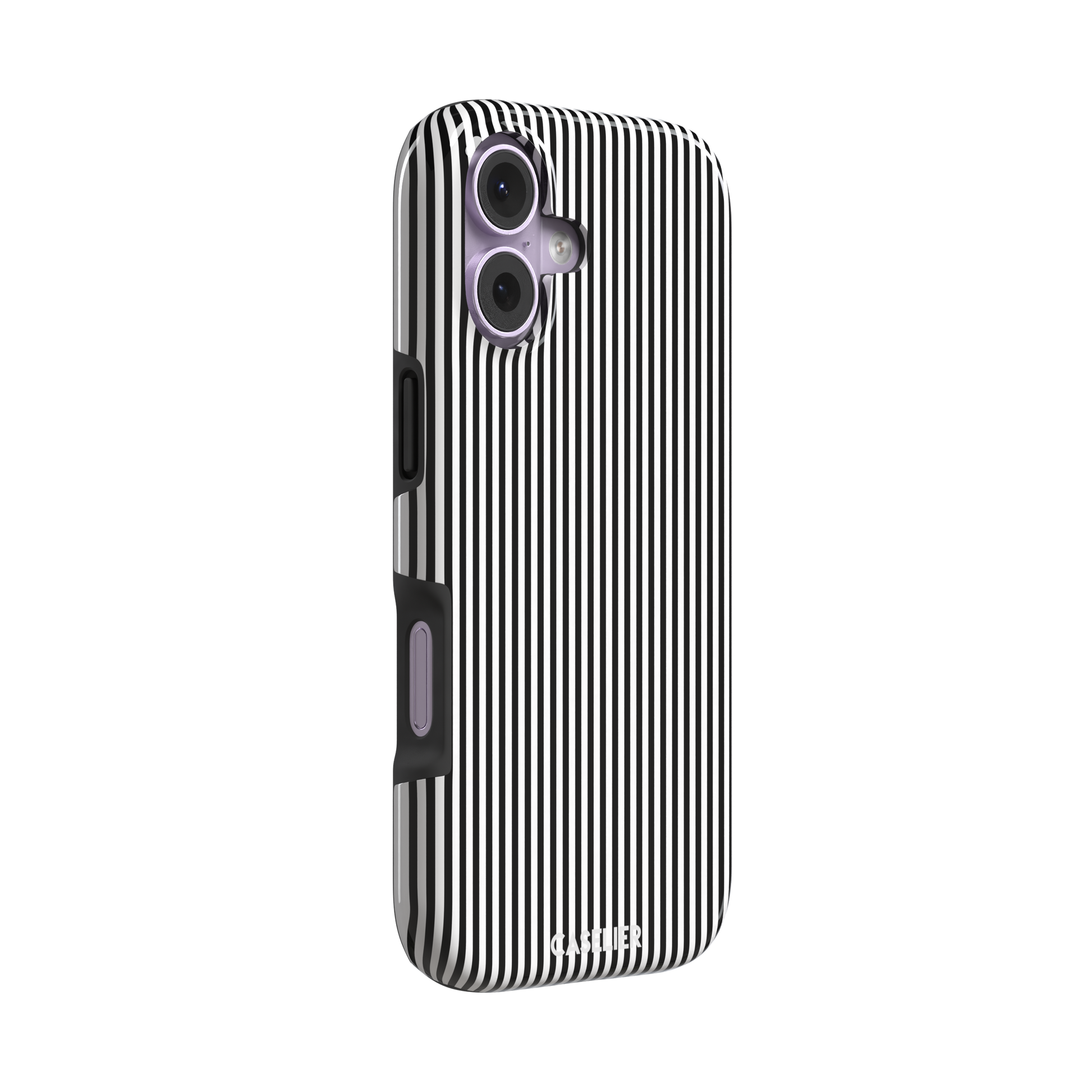 Pinstripe phone case in black and white vertical stripes, phone case by Caselier — tough case, left view | Caselier