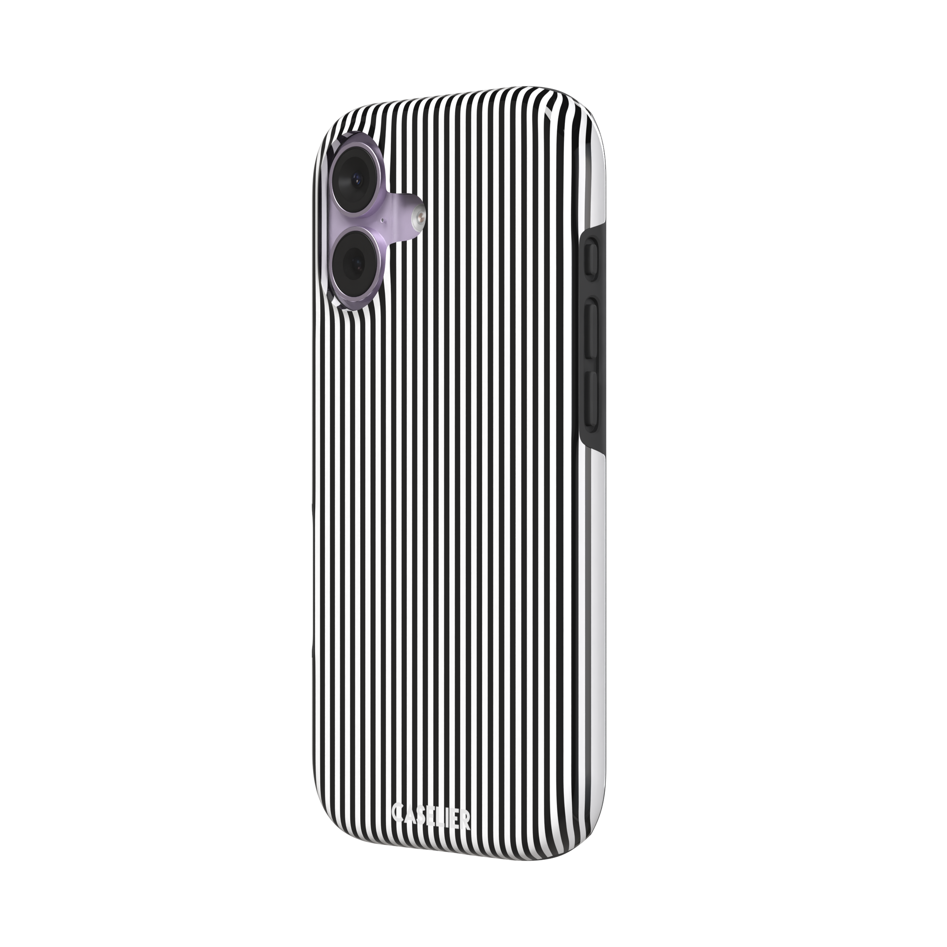 Pinstripe phone case in black and white vertical stripes, phone case by Caselier — tough case, right view | Caselier