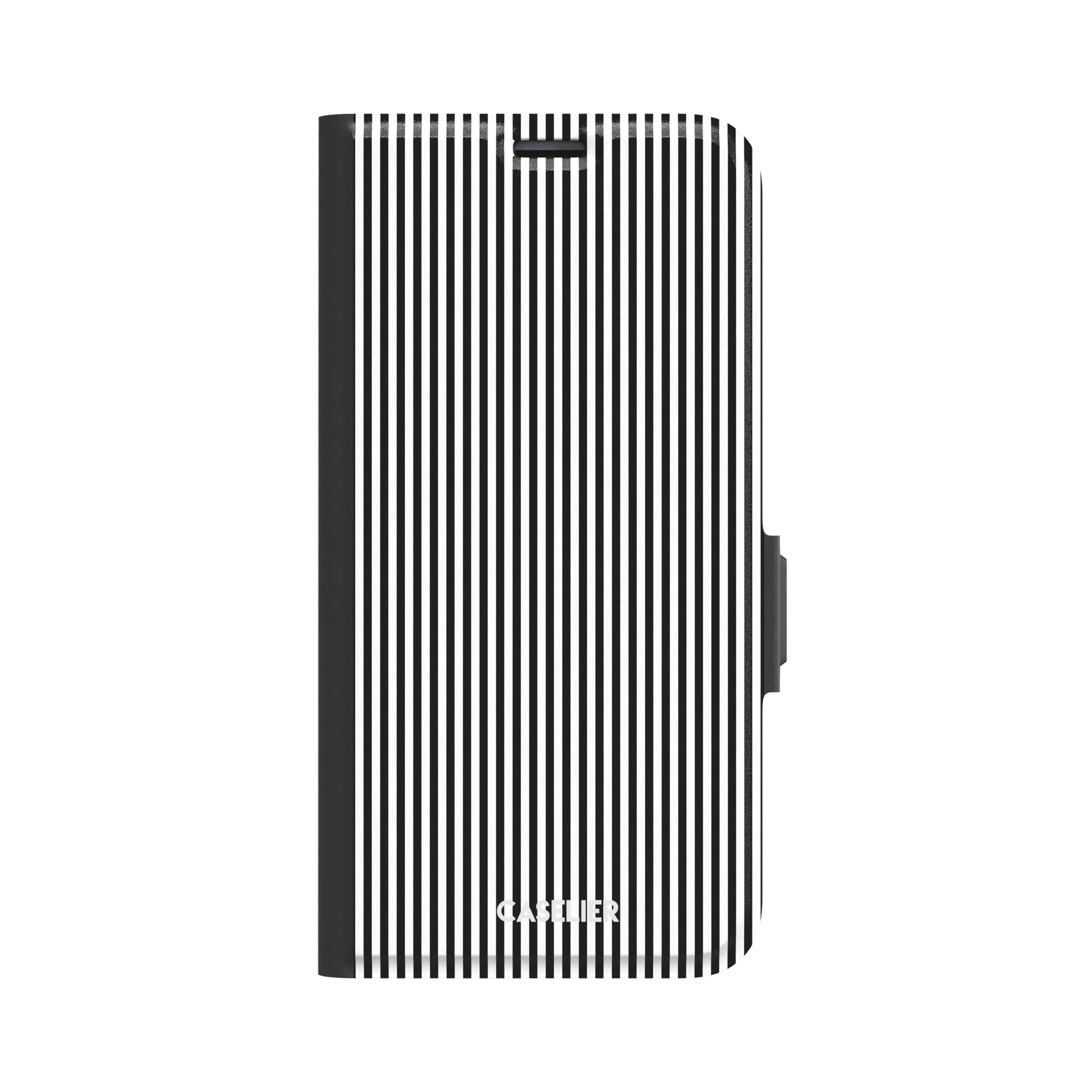 Pinstripe phone case in black and white vertical stripes, phone case by Caselier — wallet case, front view | Caselier