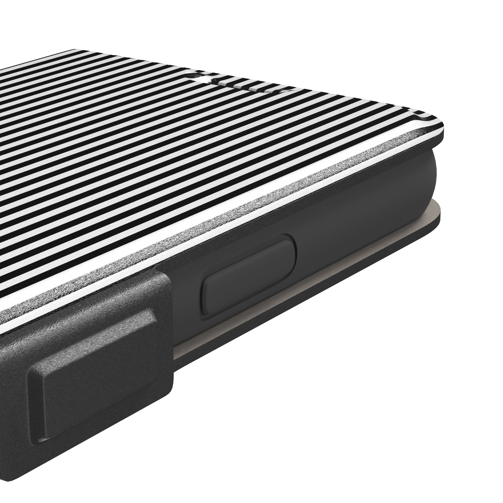 Pinstripe phone case in black and white vertical stripes, phone case by Caselier — wallet case, volume buttons detail | Caselier