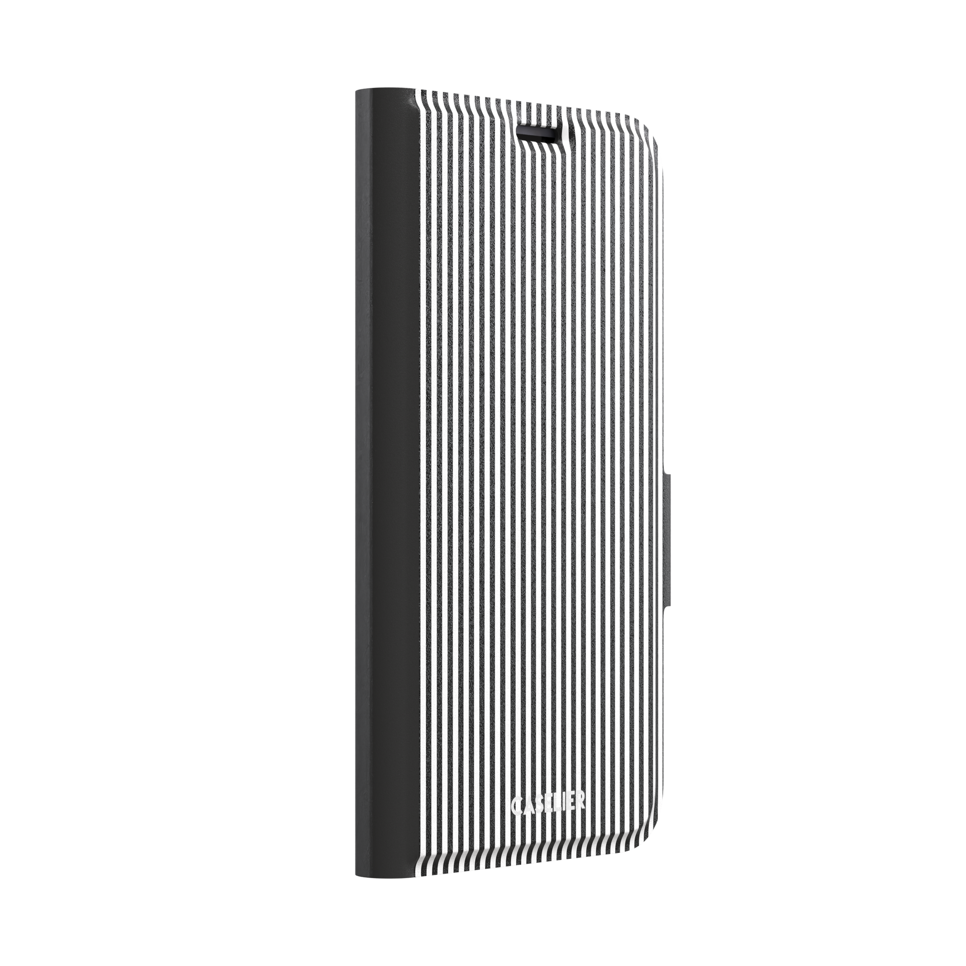 Pinstripe phone case in black and white vertical stripes, phone case by Caselier — wallet case, left view | Caselier