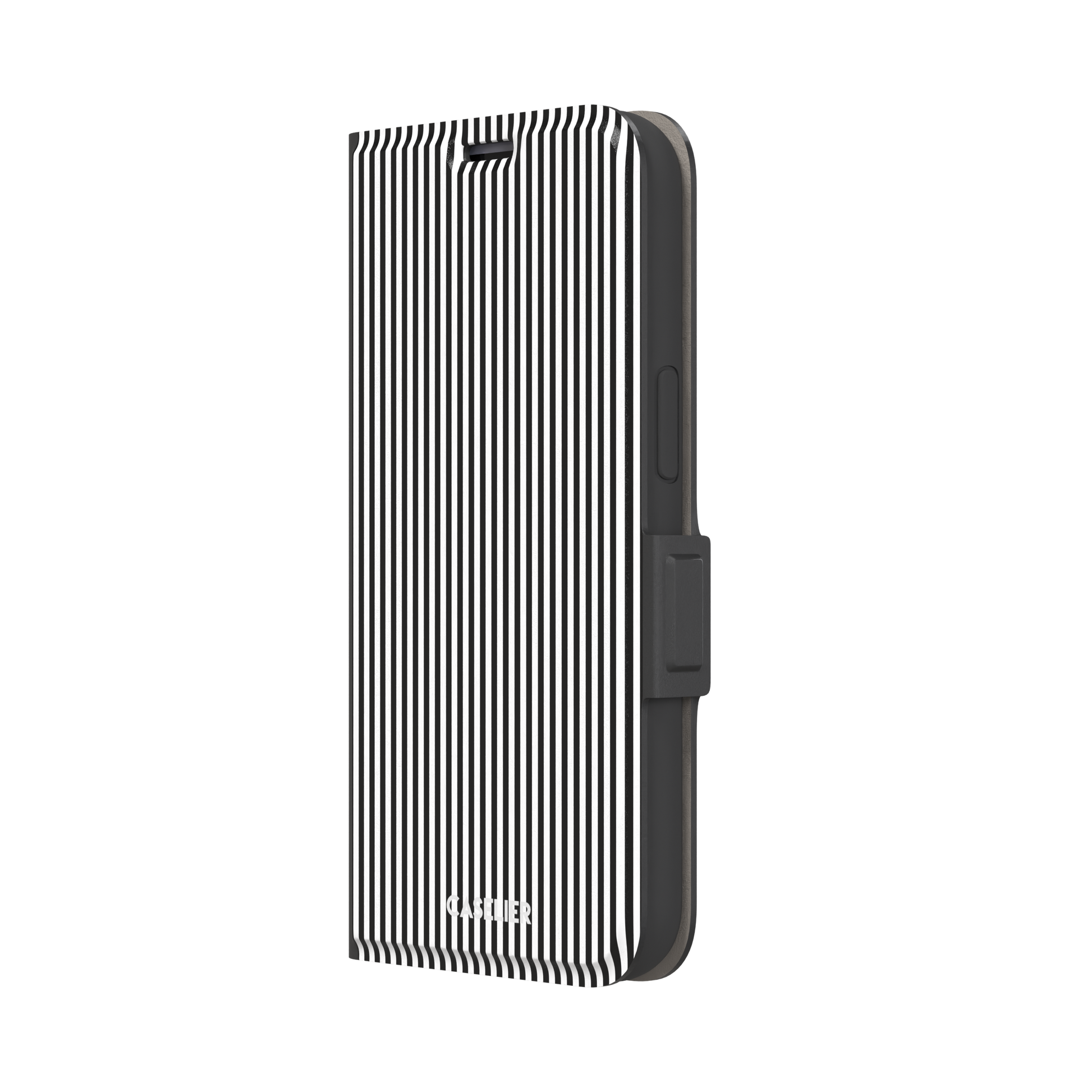 Pinstripe phone case in black and white vertical stripes, phone case by Caselier — wallet case, right view | Caselier