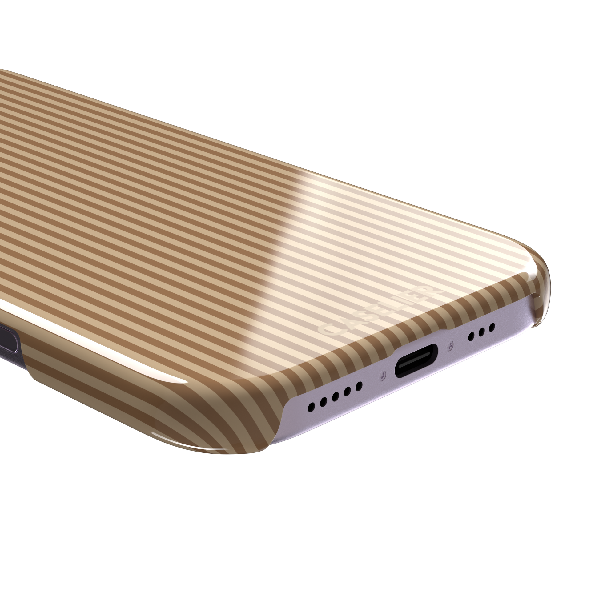 Pinstripe phone case in warm tan and caramel brown vertical stripes, phone case by Caselier — snap case, charging port detail | Caselier