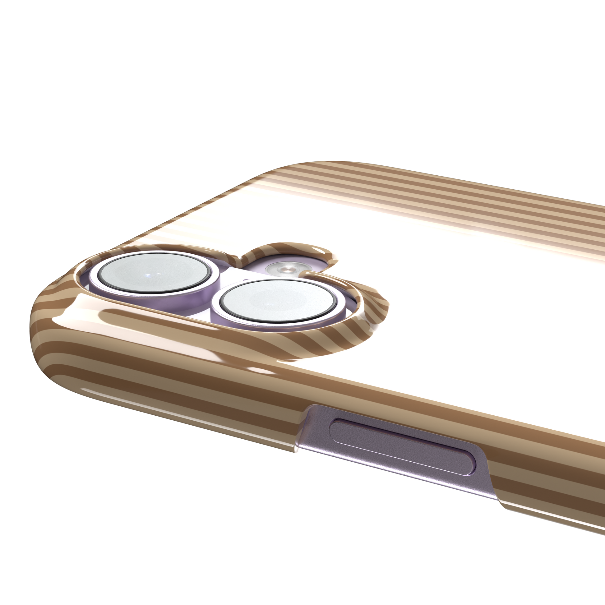 Pinstripe phone case in warm tan and caramel brown vertical stripes, phone case by Caselier — snap case, volume buttons detail | Caselier
