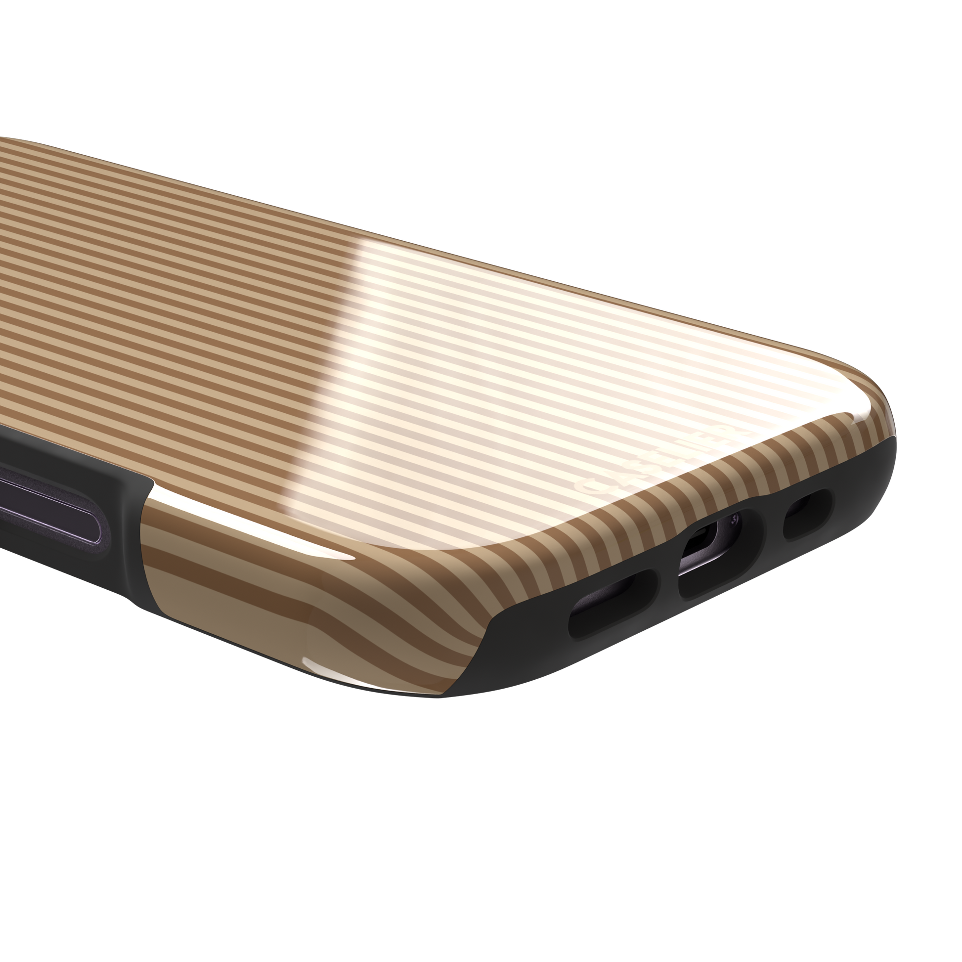 Pinstripe phone case in warm tan and caramel brown vertical stripes, phone case by Caselier — tough case, charging port detail | Caselier