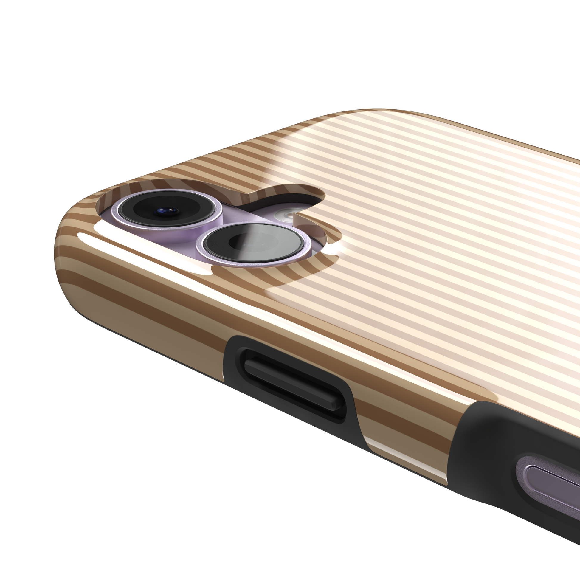 Pinstripe phone case in warm tan and caramel brown vertical stripes, phone case by Caselier — tough case, volume buttons detail | Caselier