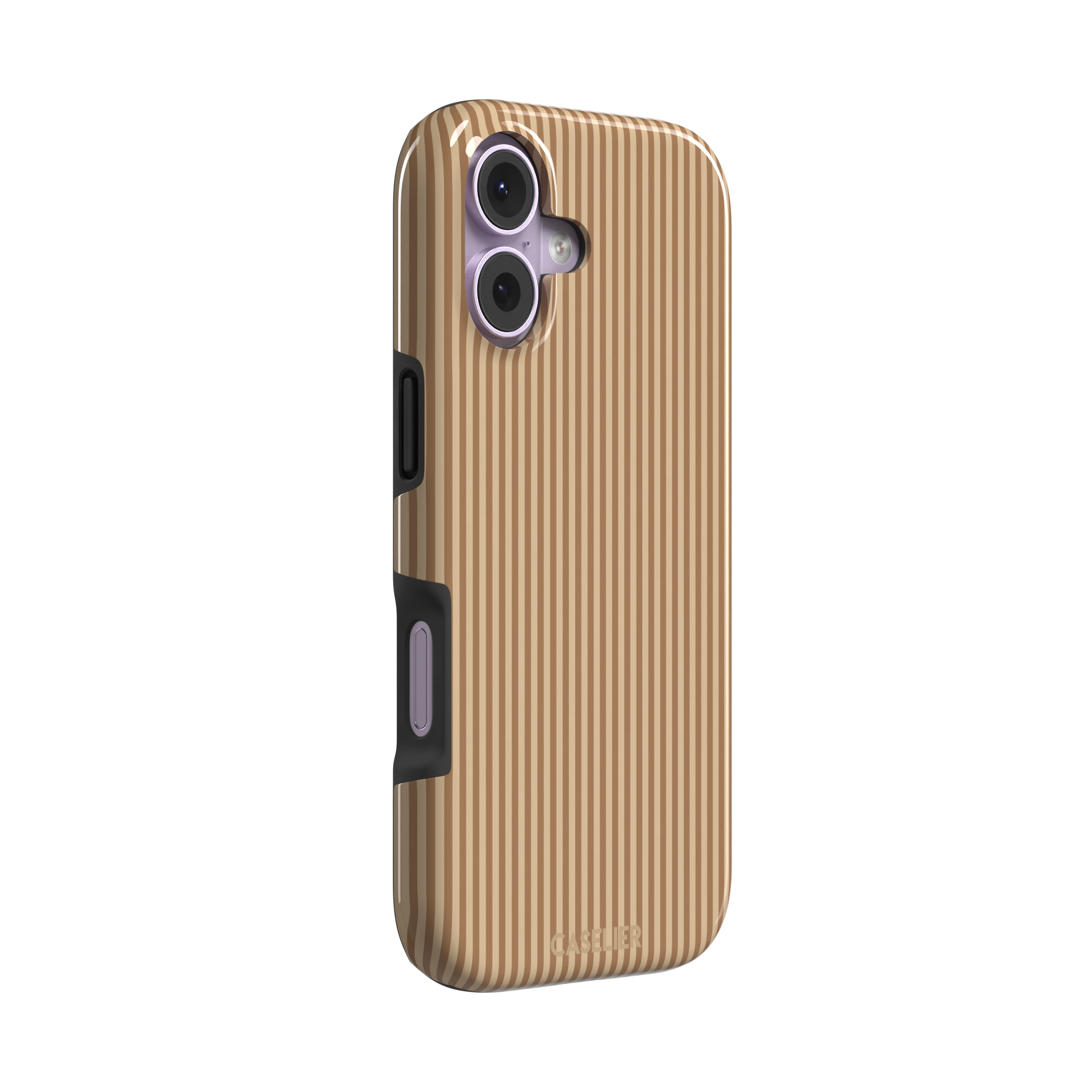 Pinstripe phone case in warm tan and caramel brown vertical stripes, phone case by Caselier — tough case, left view | Caselier