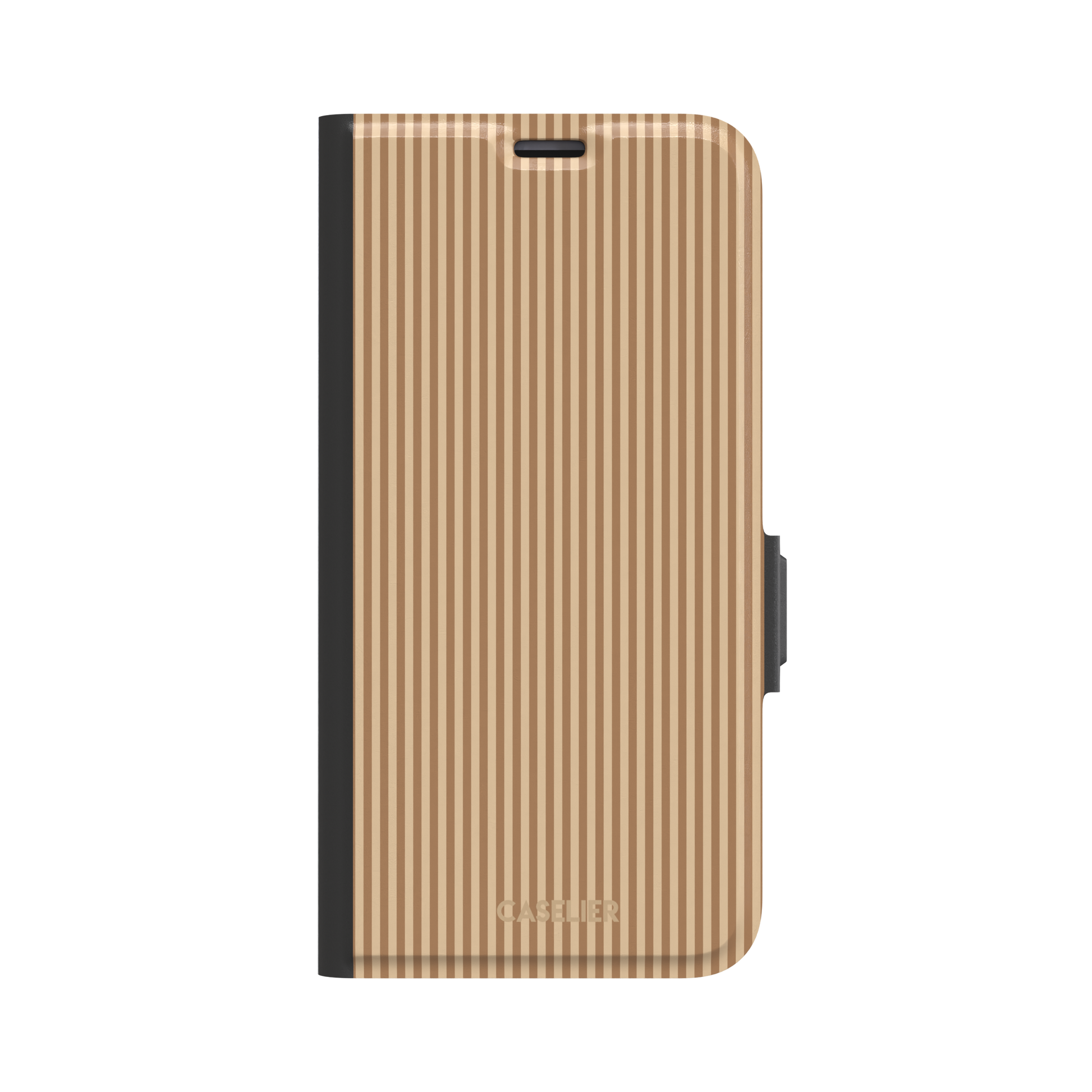 Pinstripe phone case in warm tan and caramel brown vertical stripes, phone case by Caselier — wallet case, front view | Caselier