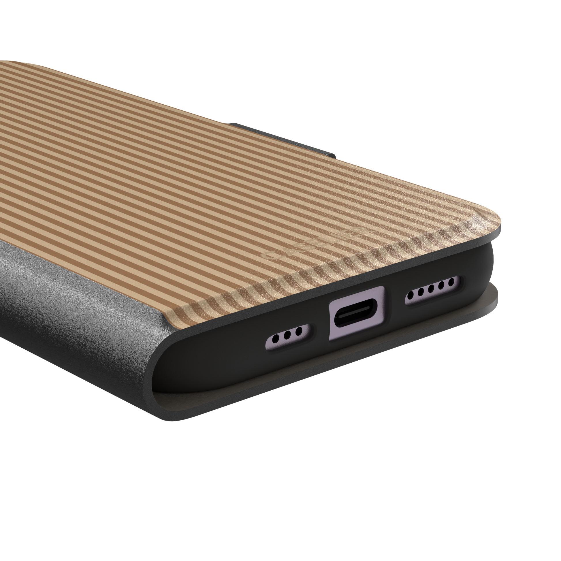 Pinstripe phone case in warm tan and caramel brown vertical stripes, phone case by Caselier — wallet case, charging port detail | Caselier