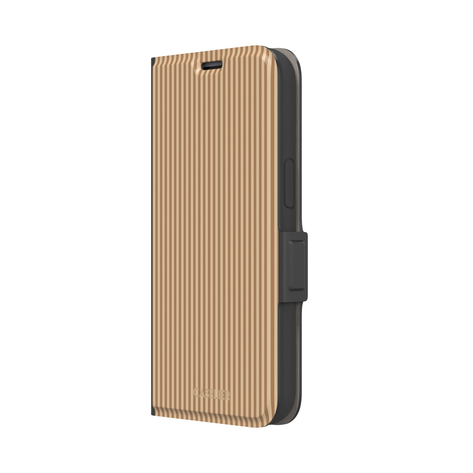 Pinstripe phone case in warm tan and caramel brown vertical stripes, phone case by Caselier — wallet case, right view | Caselier