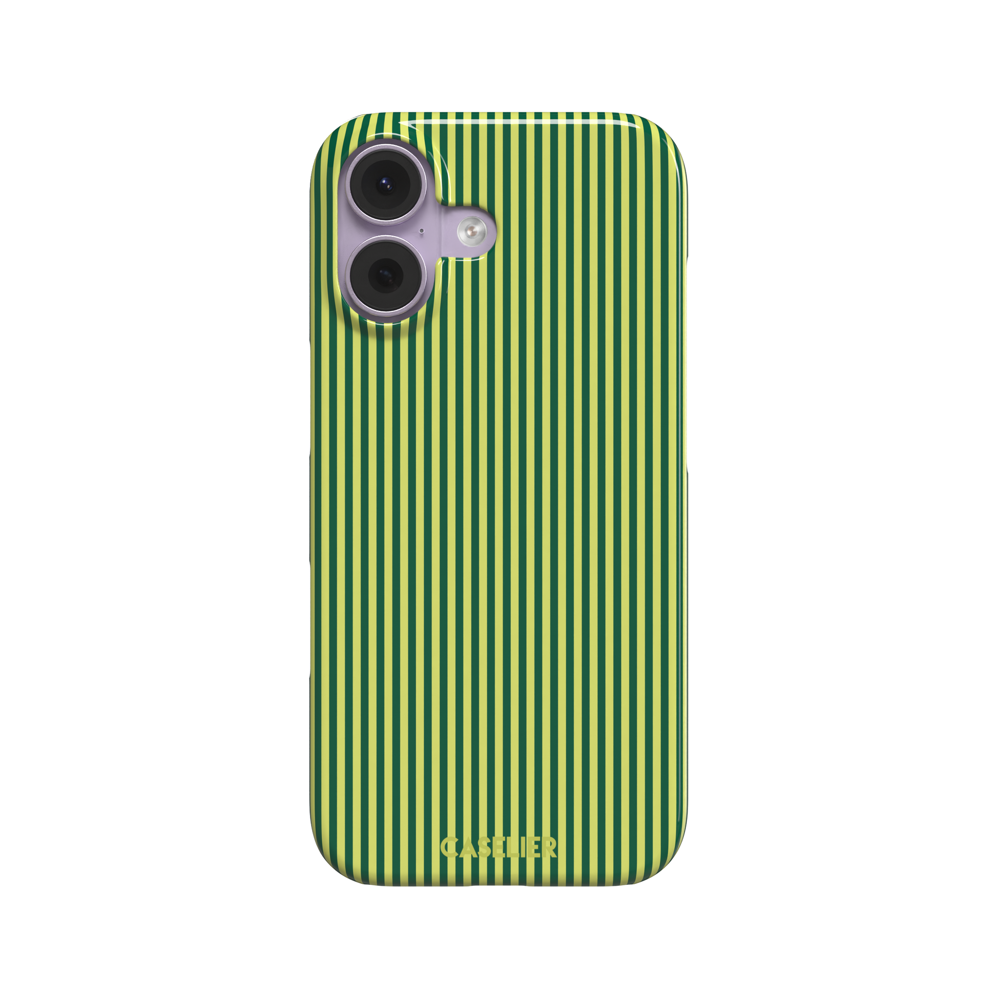 Pinstripe phone case in deep forest green and lime yellow vertical stripes, phone case by Caselier — snap case, front view | Caselier