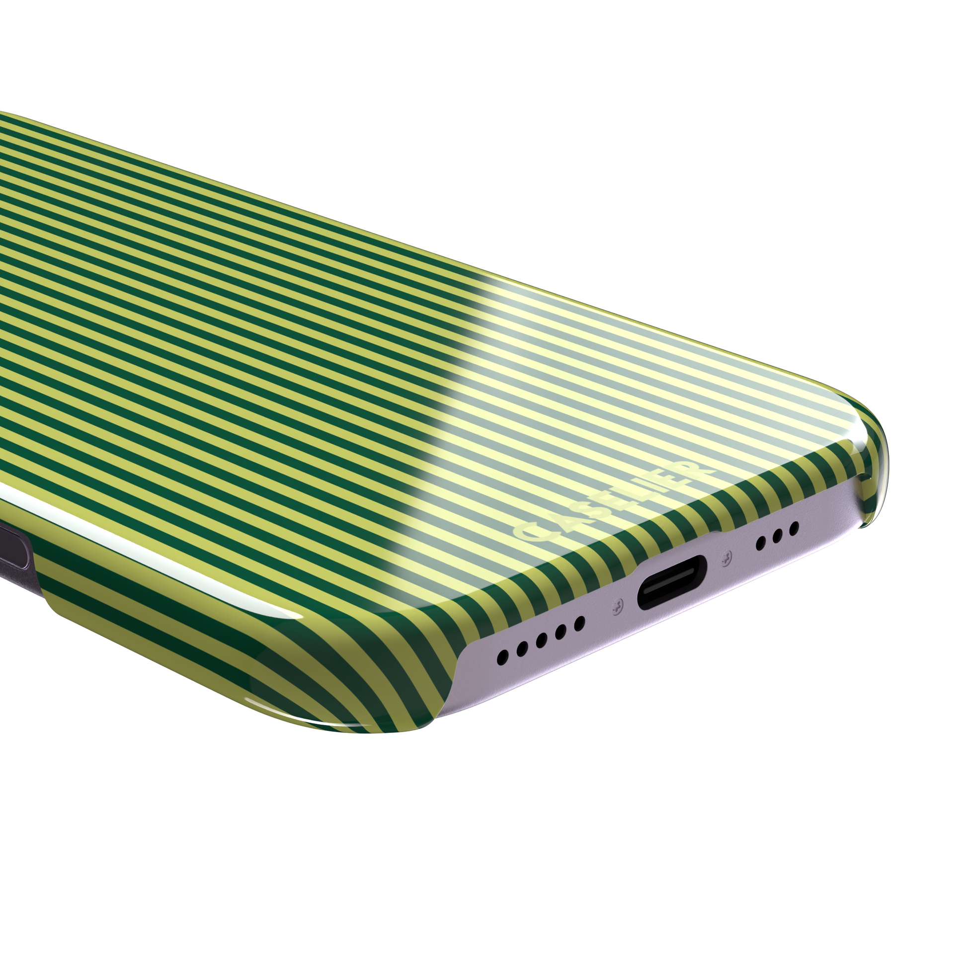 Pinstripe phone case in deep forest green and lime yellow vertical stripes, phone case by Caselier — snap case, charging port detail | Caselier