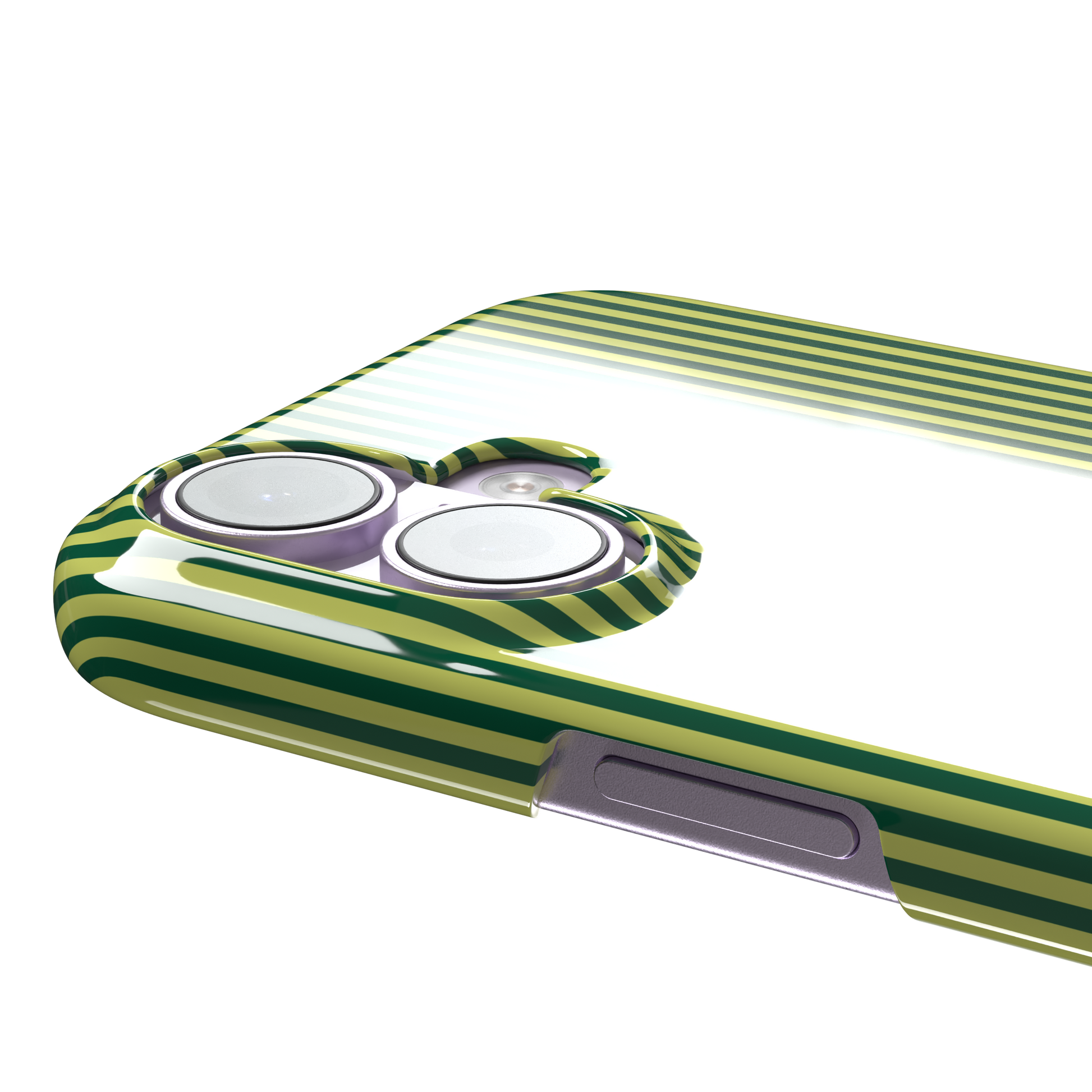 Pinstripe phone case in deep forest green and lime yellow vertical stripes, phone case by Caselier — snap case, volume buttons detail | Caselier