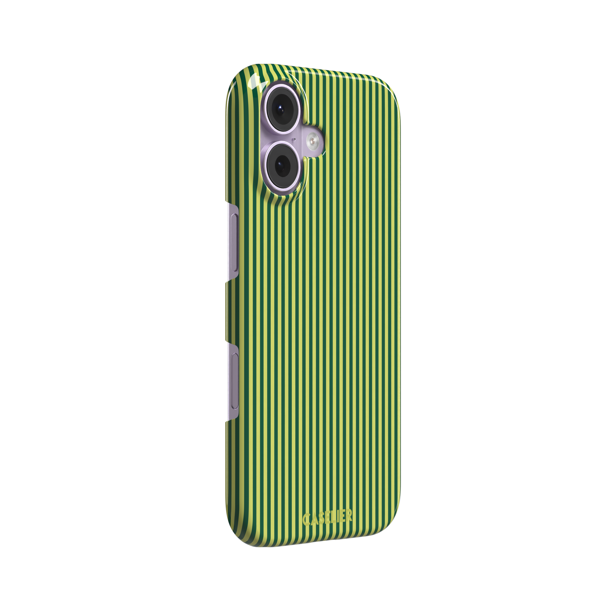 Pinstripe phone case in deep forest green and lime yellow vertical stripes, phone case by Caselier — snap case, left view | Caselier