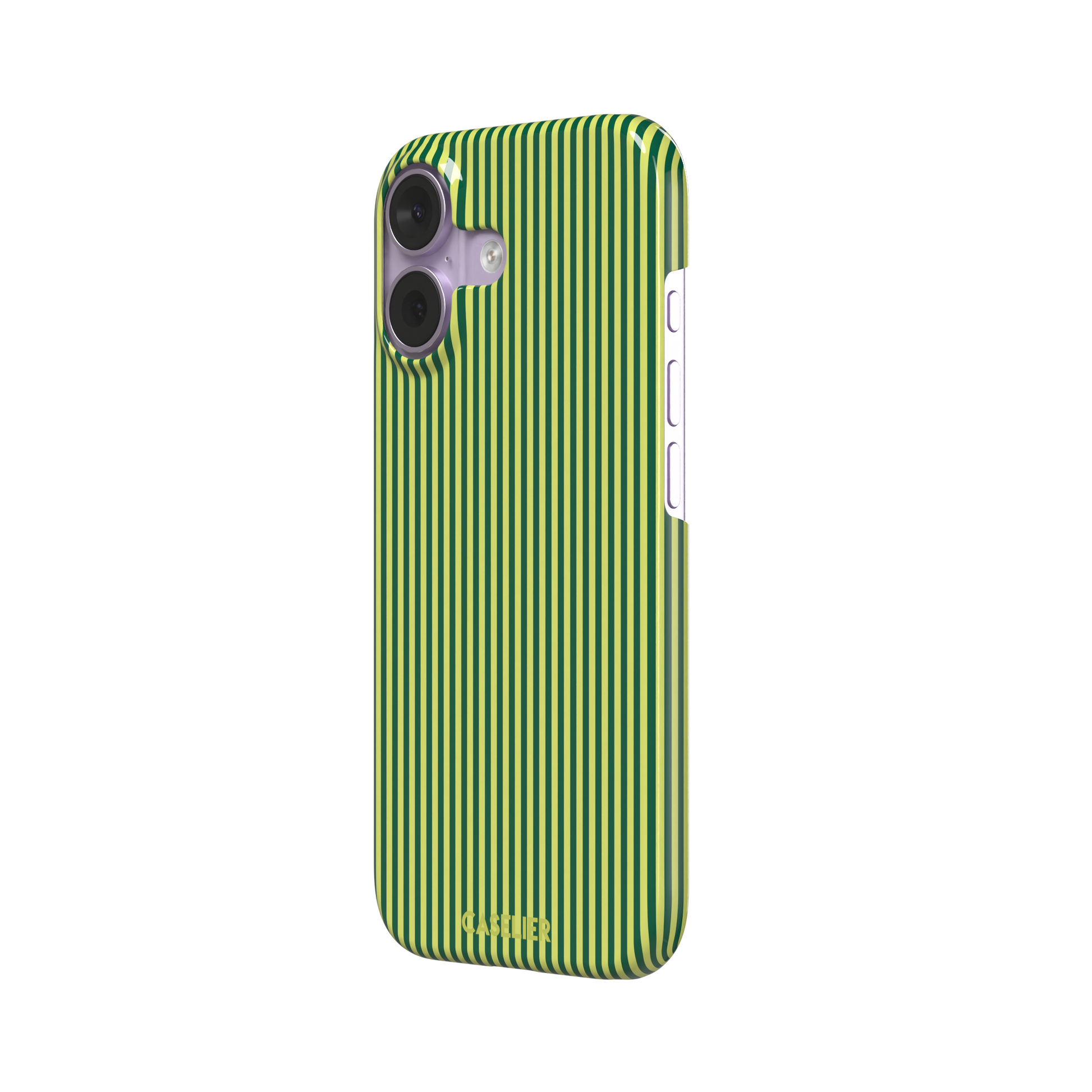 Pinstripe phone case in deep forest green and lime yellow vertical stripes, phone case by Caselier — snap case, right view | Caselier