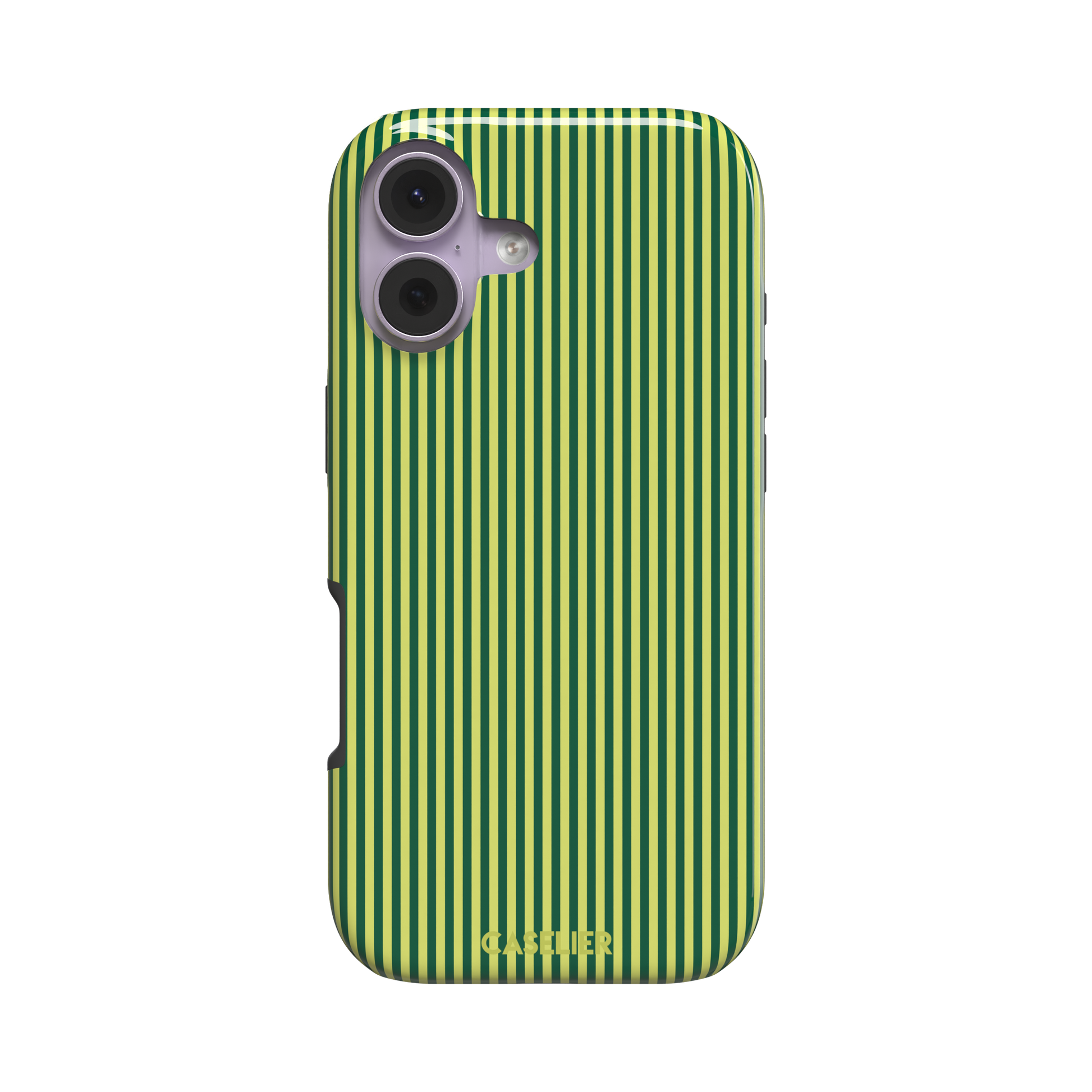 Pinstripe phone case in deep forest green and lime yellow vertical stripes, phone case by Caselier — tough case, front view | Caselier