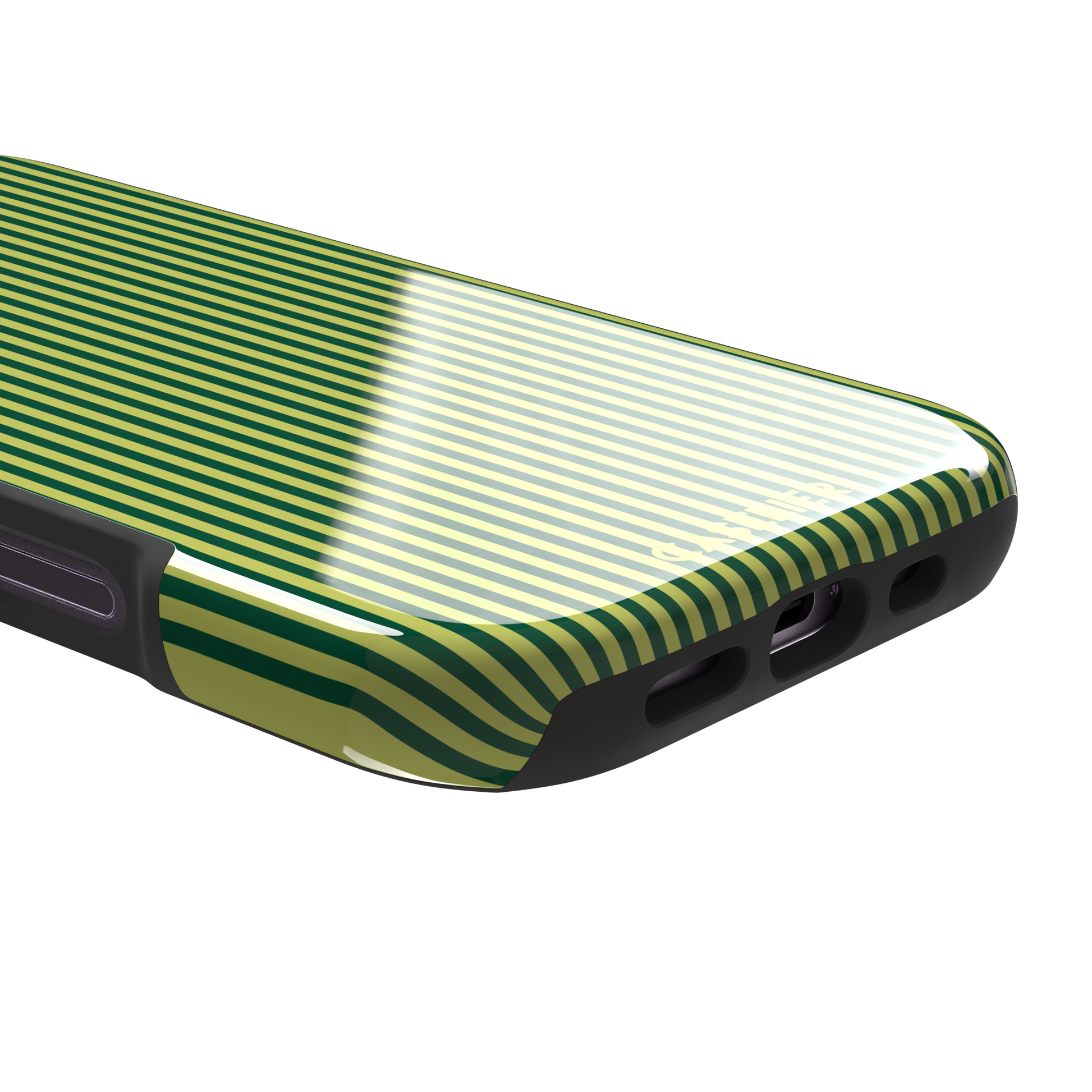 Pinstripe phone case in deep forest green and lime yellow vertical stripes, phone case by Caselier — tough case, charging port detail | Caselier