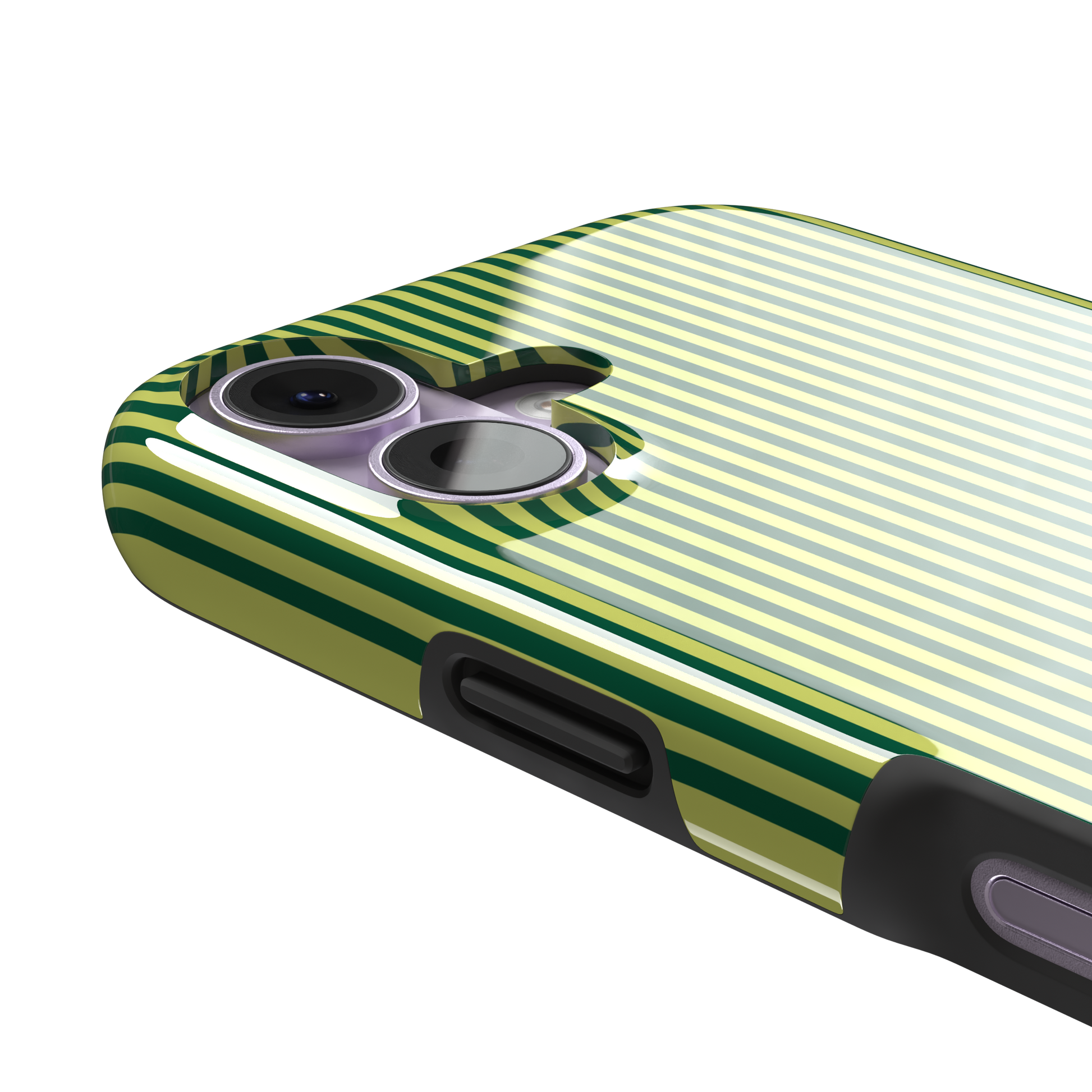 Pinstripe phone case in deep forest green and lime yellow vertical stripes, phone case by Caselier — tough case, volume buttons detail | Caselier