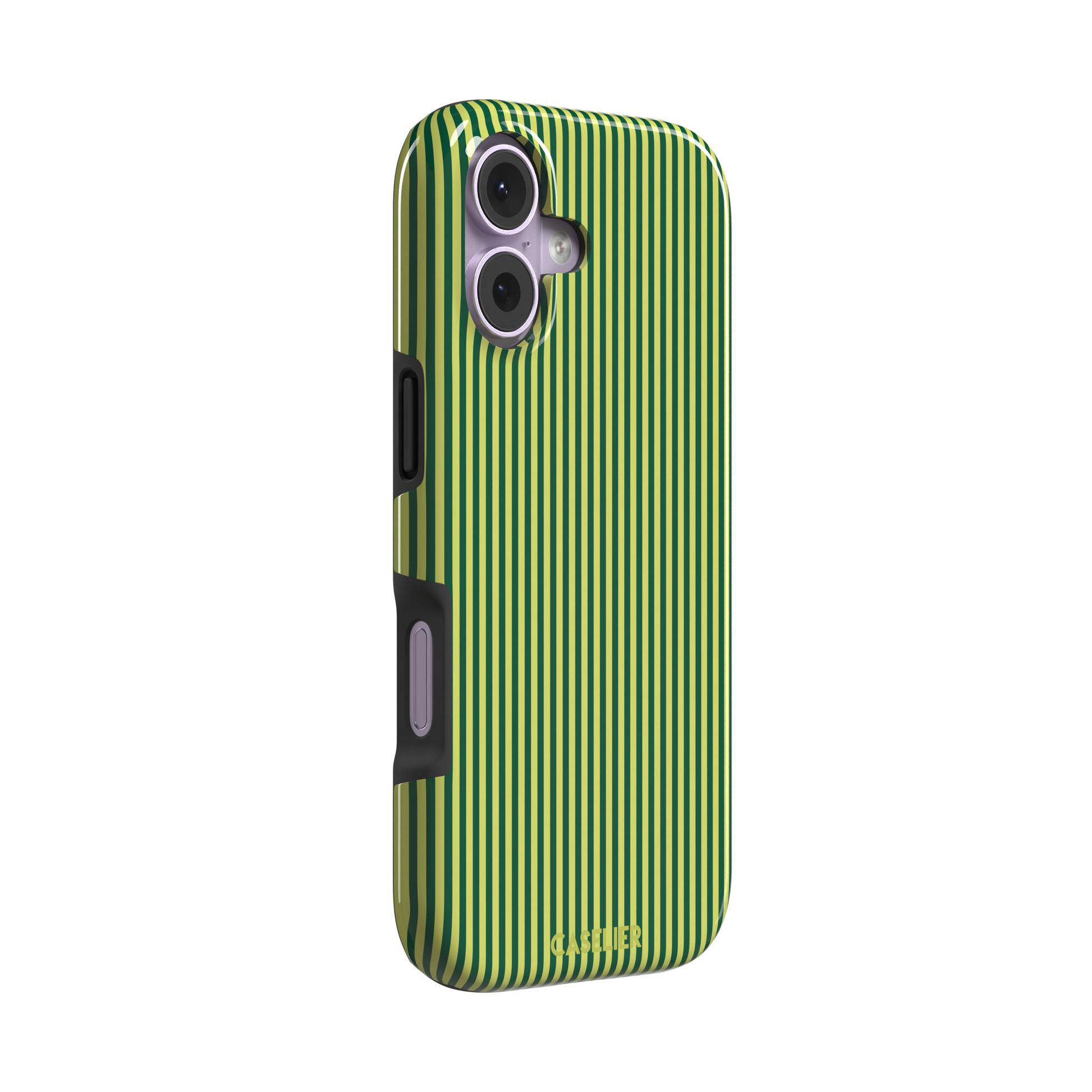 Pinstripe phone case in deep forest green and lime yellow vertical stripes, phone case by Caselier — tough case, left view | Caselier